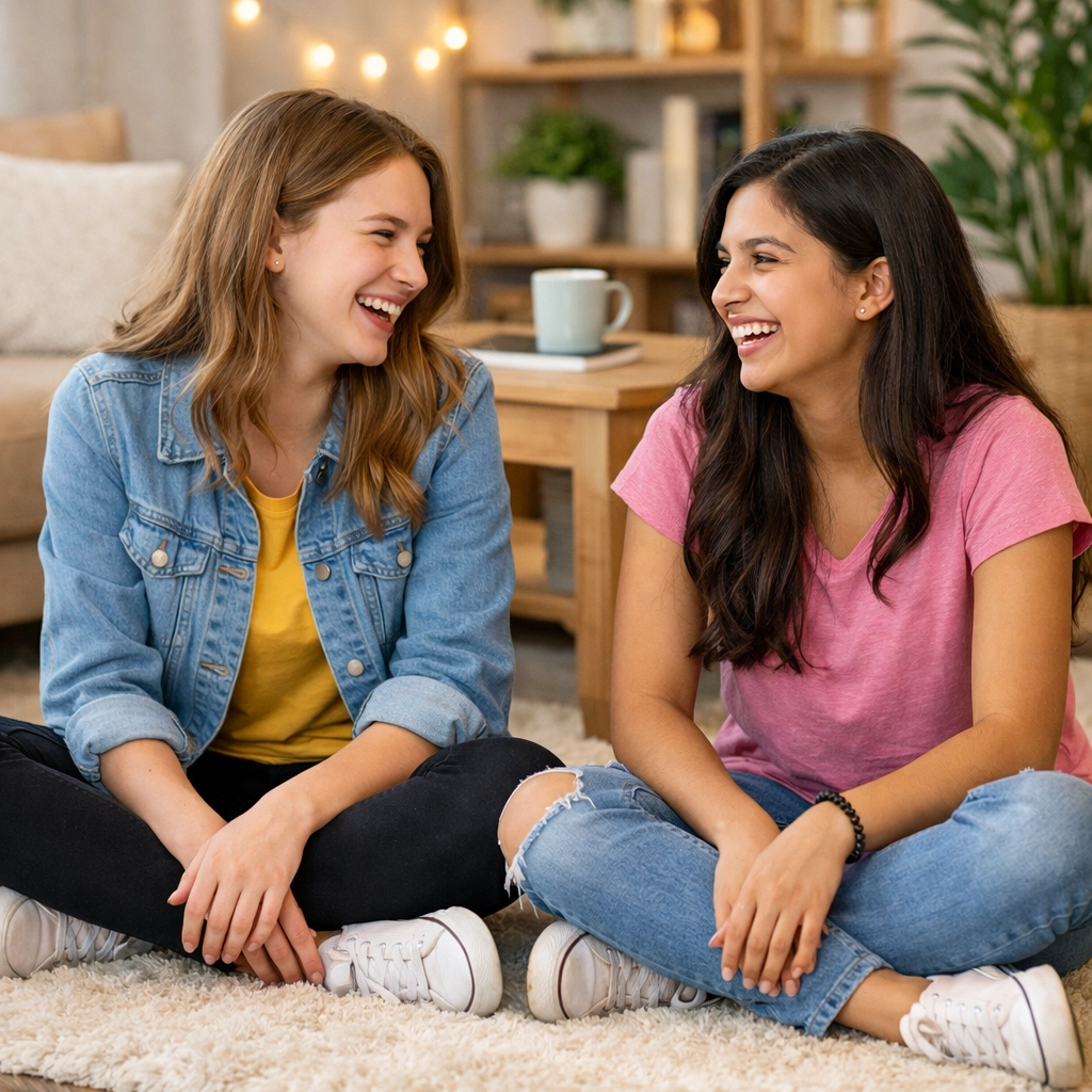 Two teenage girls laughing together, building peer connection at a youth residential treatment center.