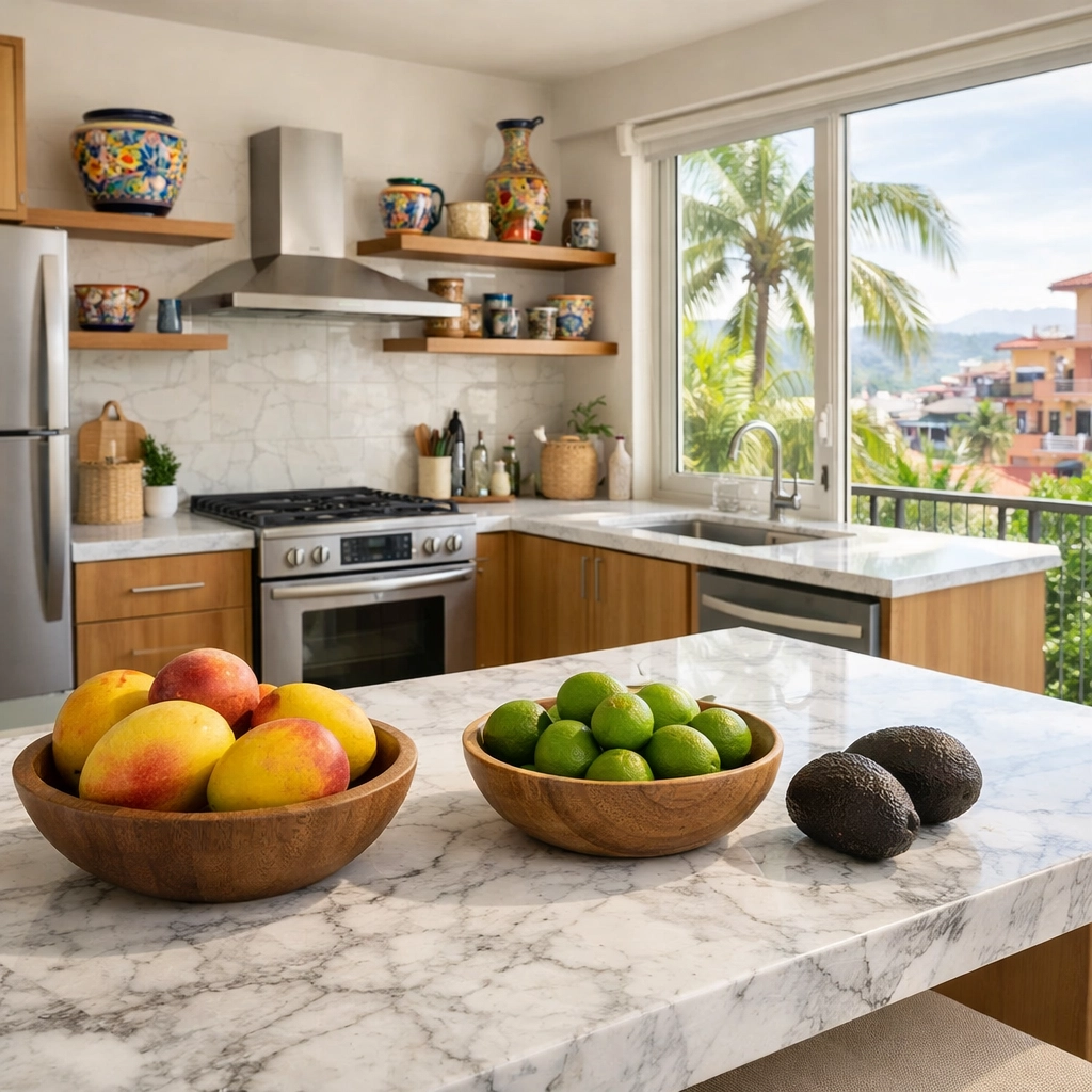 Modern Puerto Vallarta condo rental kitchen with fresh local produce and tropical views