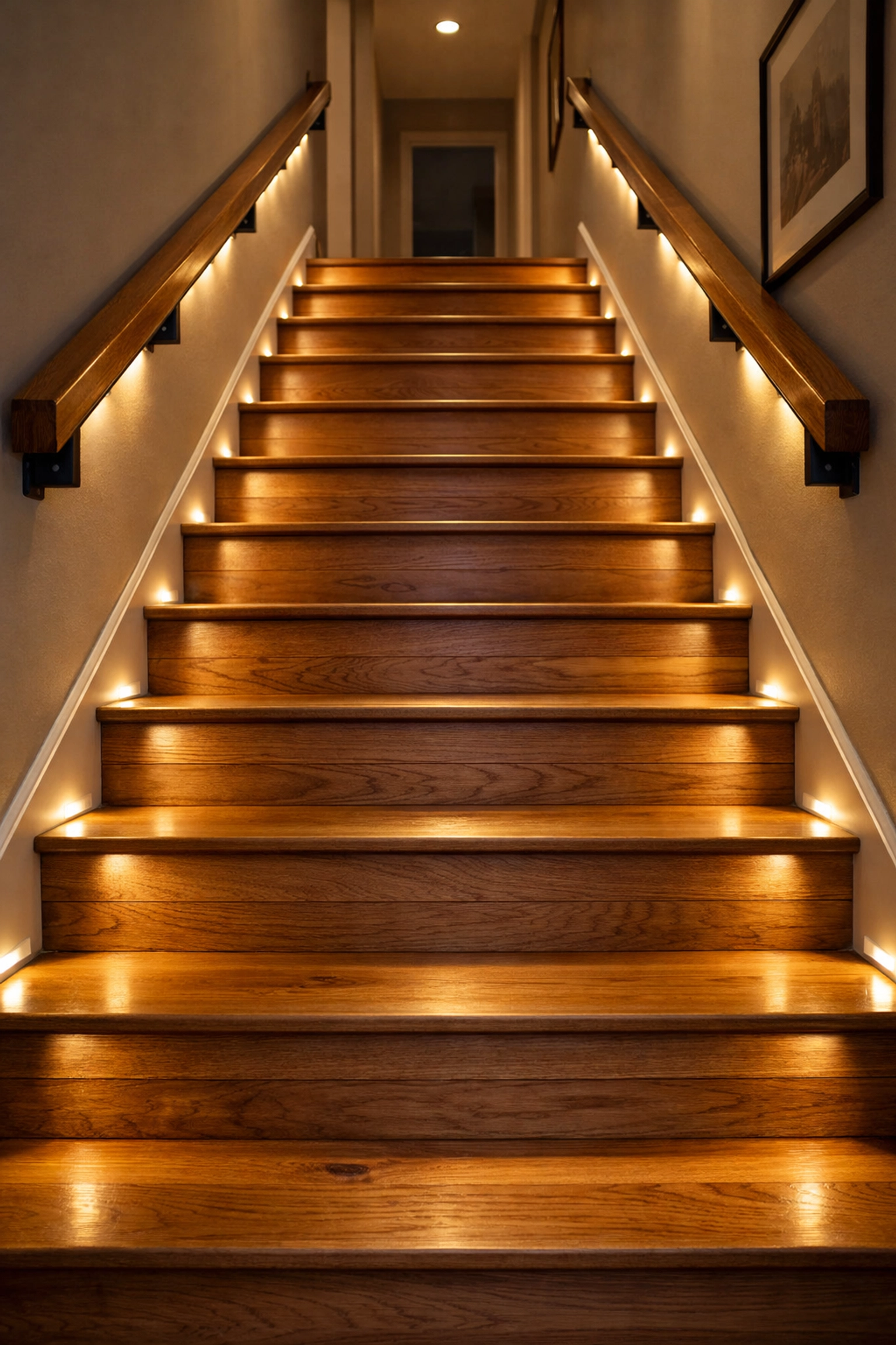 Bright LED motion-sensor lights illuminating a wooden staircase to improve home safety and prevent falls.