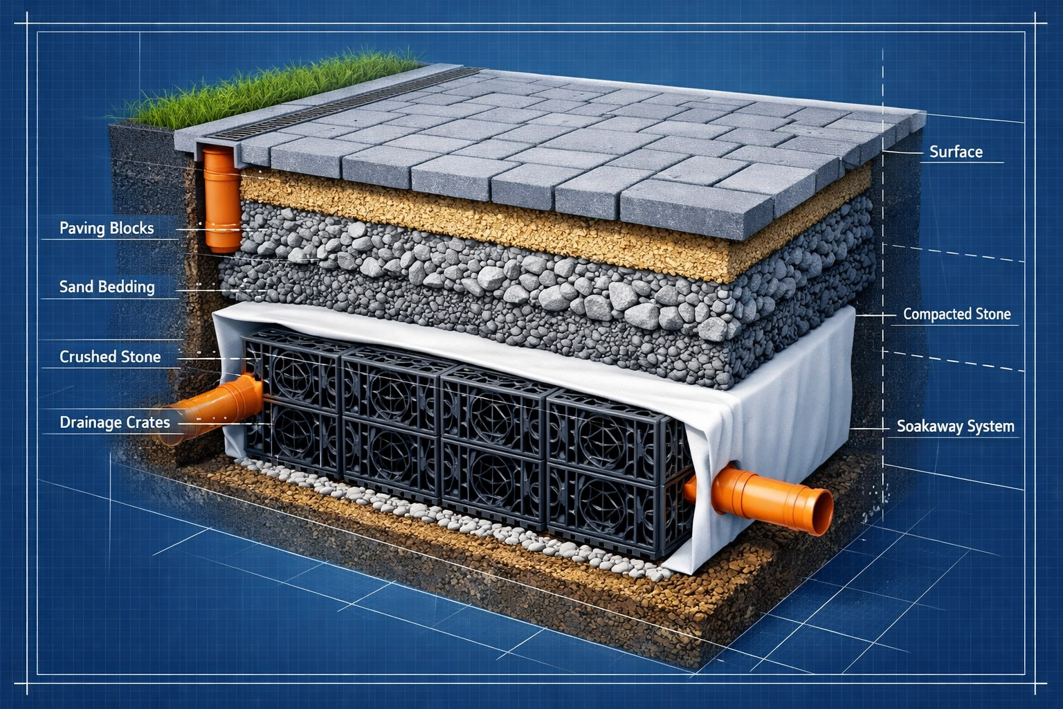 Underground driveway drainage system showing soakaway crates and stone layers for efficient water management.