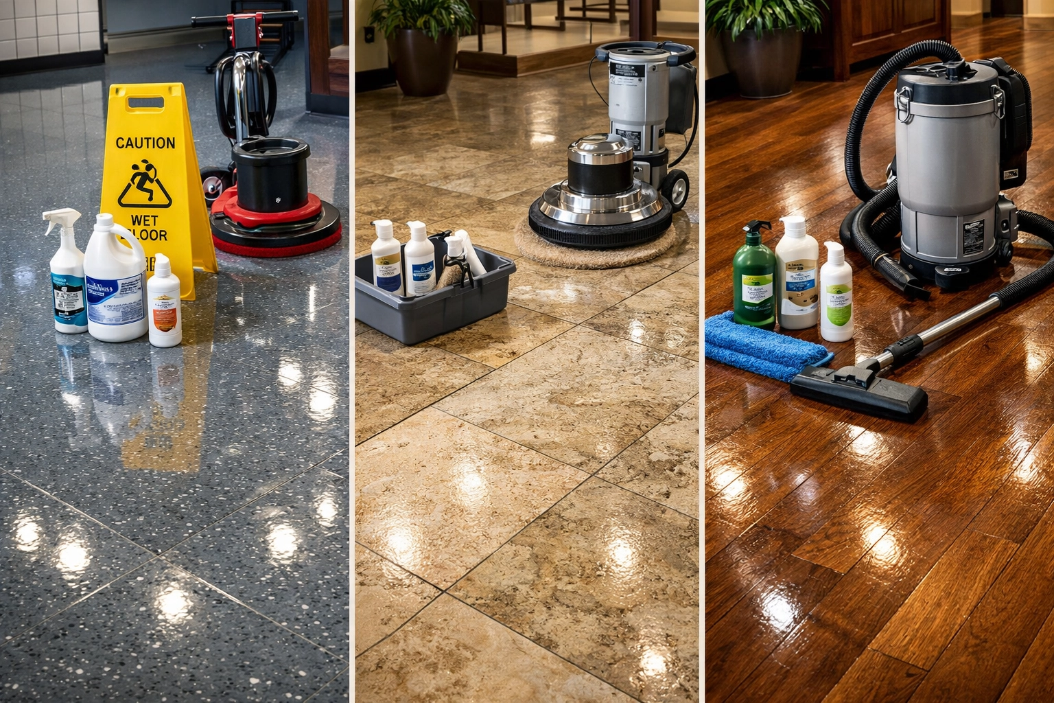 Three commercial floor types showing vinyl tile, stone, and hardwood with specialized cleaning products