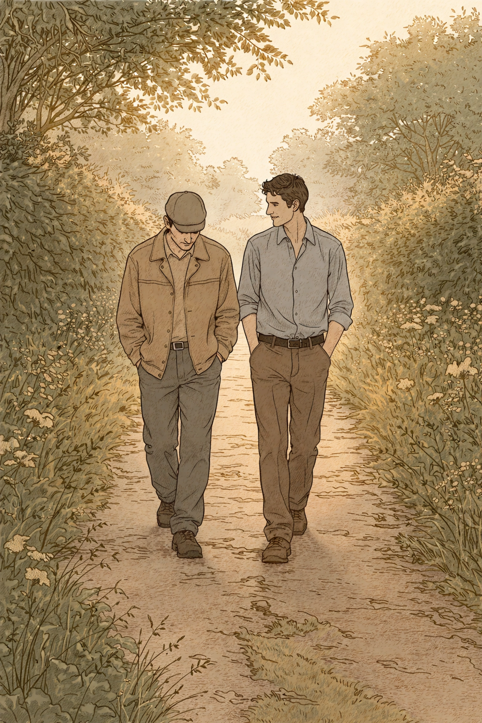 Two men walk side by side down a country lane at dusk, representing hope, connection, and rural authenticity.
