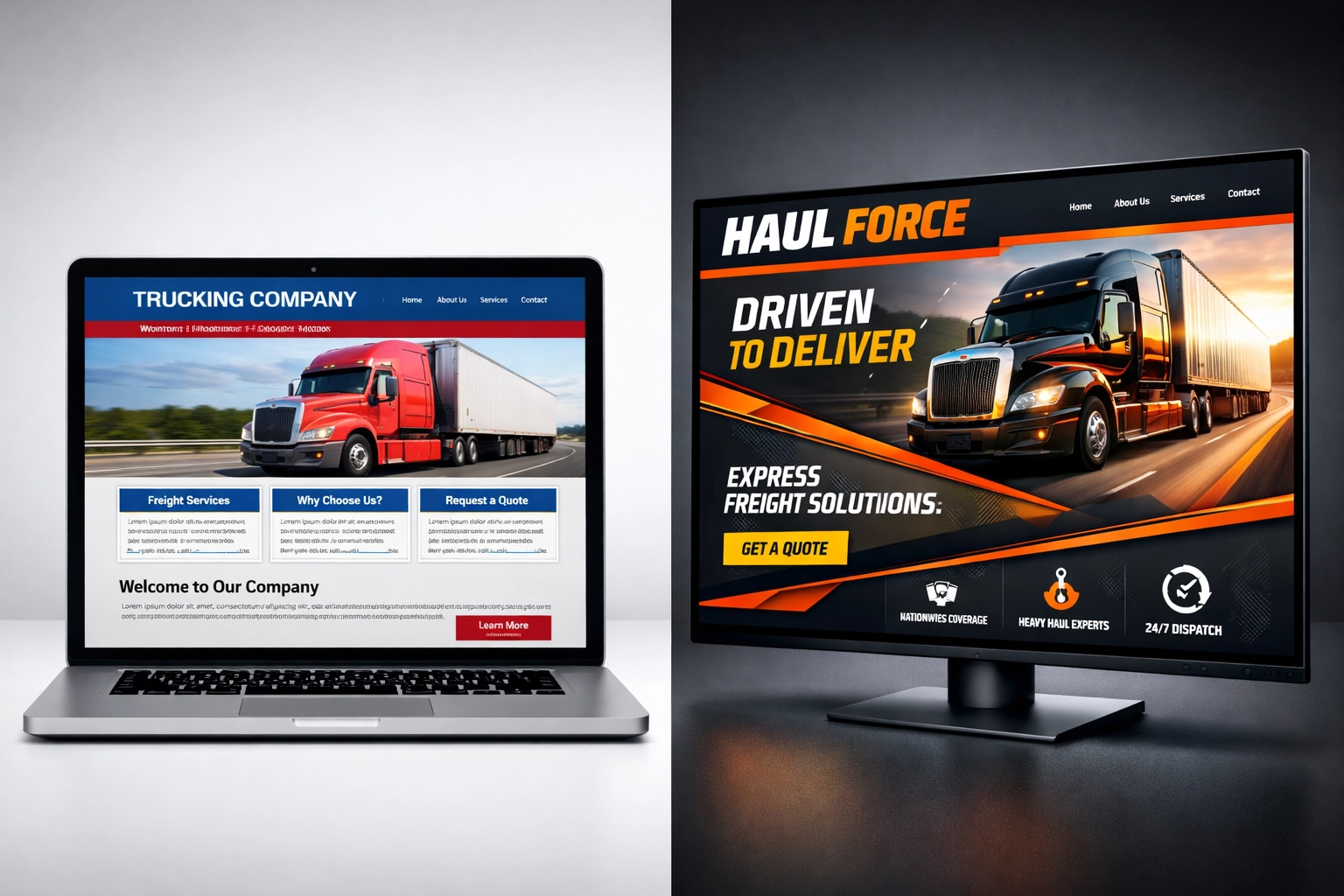 Comparison of generic trucking website template versus custom trucking company website design