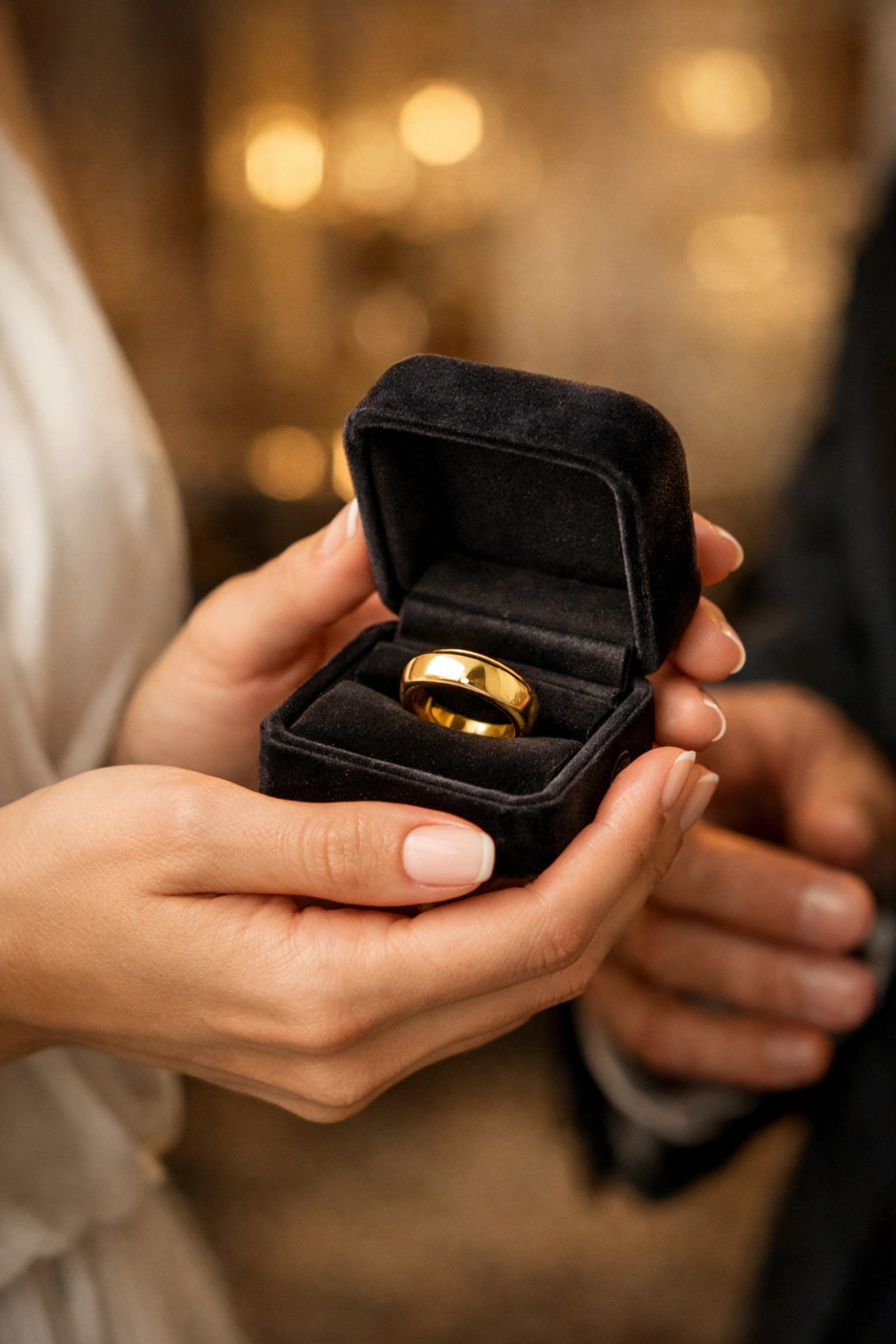 A bride presenting a gold men's wedding band in a luxury box, illustrating traditional wedding gift etiquette.