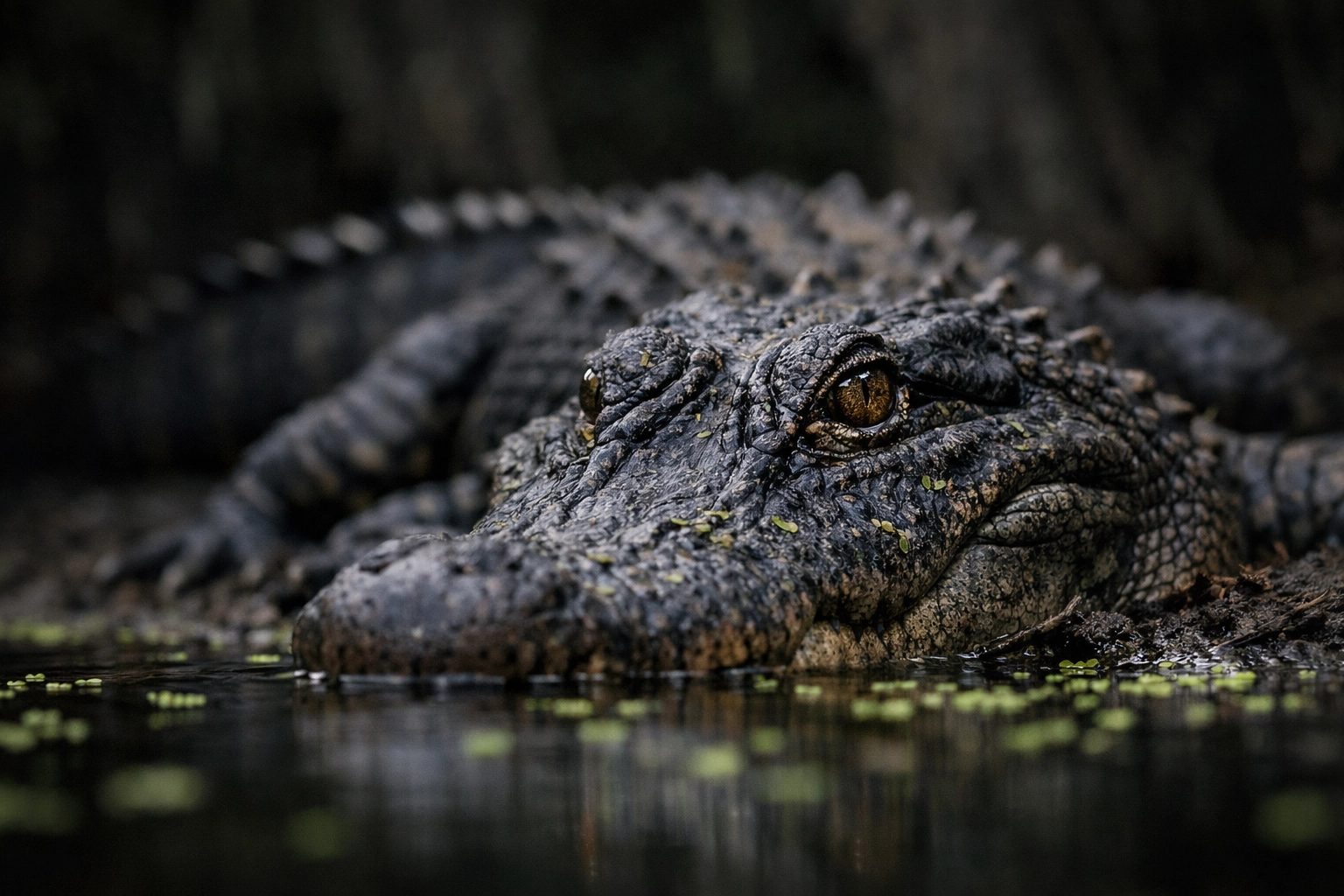 Close-up of an American Alligator in a swamp, demonstrating low-angle wildlife photography techniques.