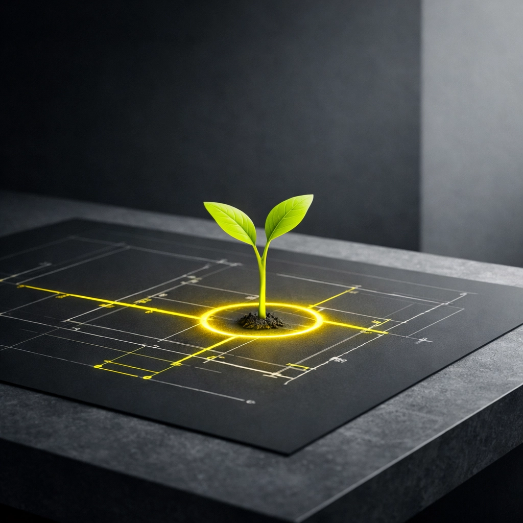 A glowing sprout on a real estate blueprint representing a growing content marketing ecosystem.