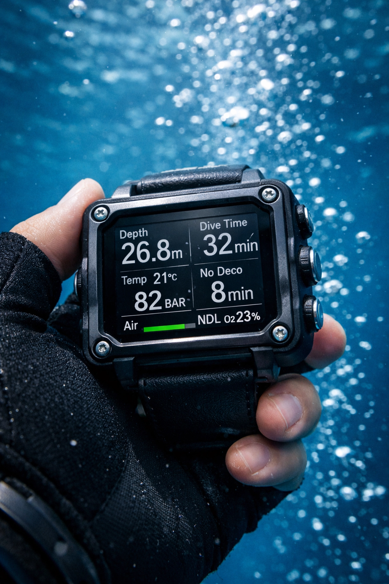Taucher nutzt Tauchcomputer unter Wasser beim Tauchgang