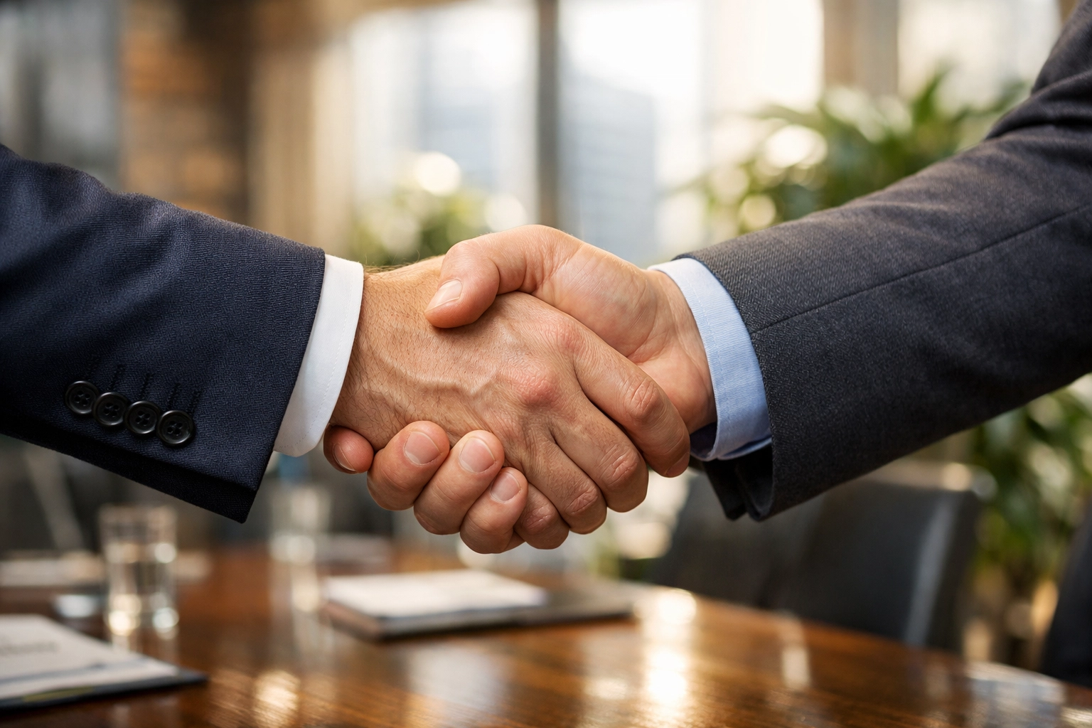 A professional handshake in a sunlit boardroom representing a partnership with a business financing expert.