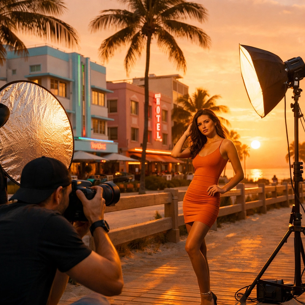 Commercial photography shoot on Miami Beach featuring Art Deco architecture and professional lighting.