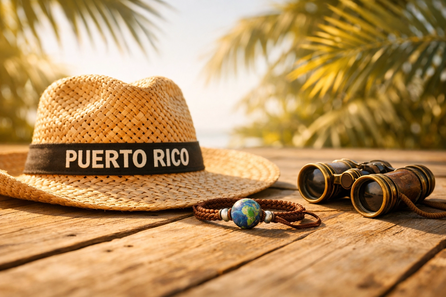 Hand-woven Puerto Rico straw hat and Earth Band bracelet on a sun-drenched deck for free-spirited explorers.