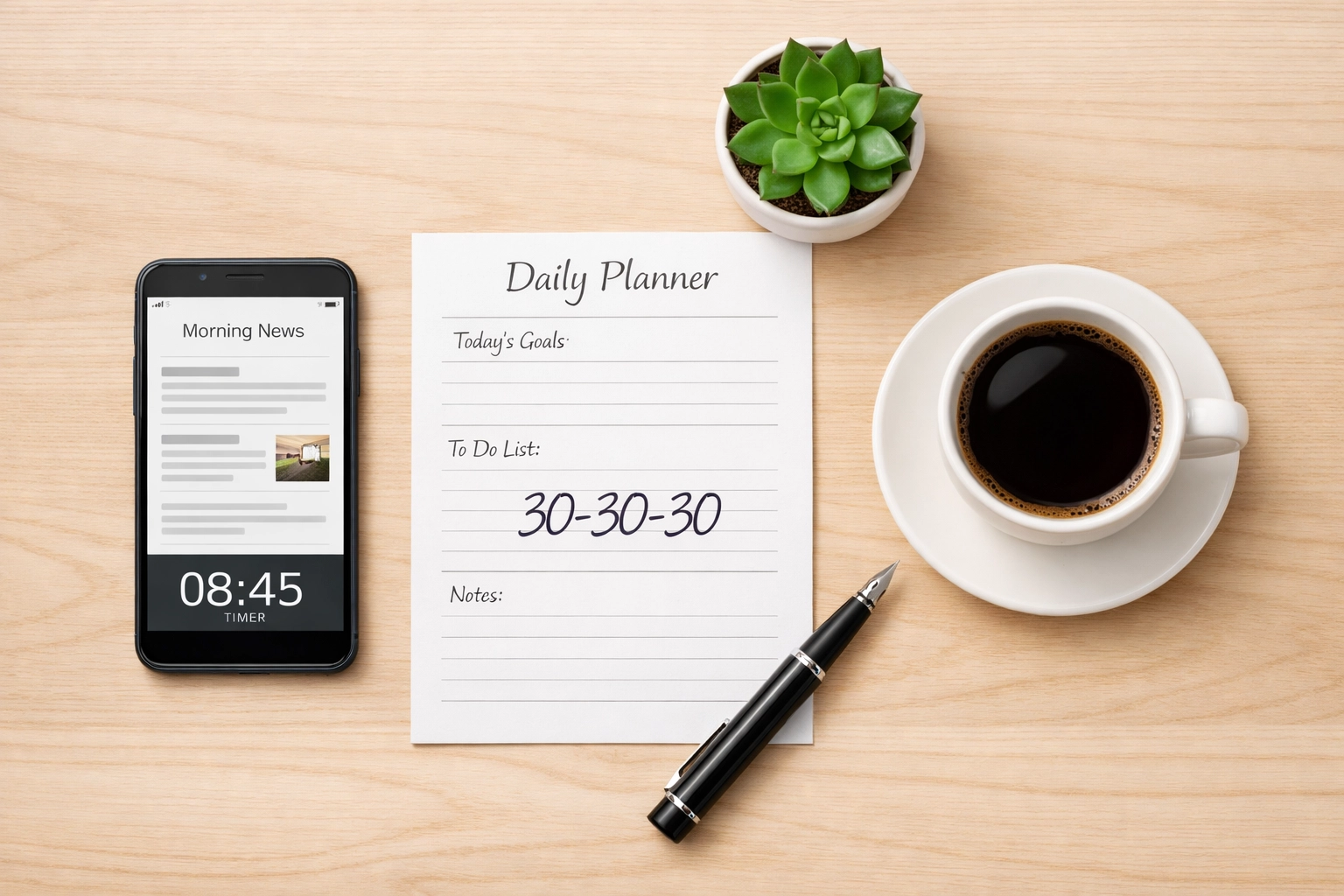 Organized morning routine setup with phone timer and 30-30-30 daily planner