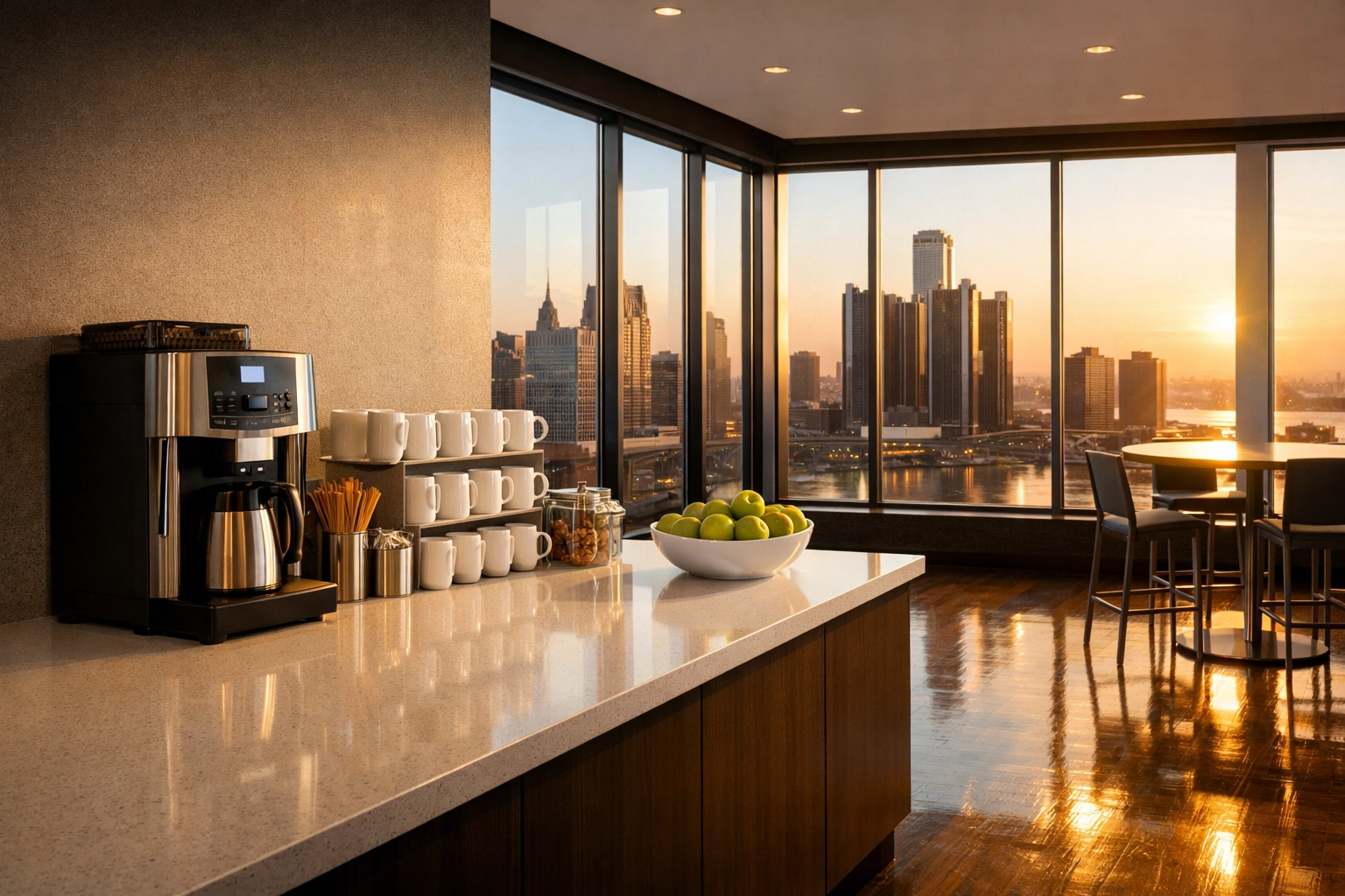 Clean corporate breakroom in a Detroit high-rise with polished floors and morning sunlight.