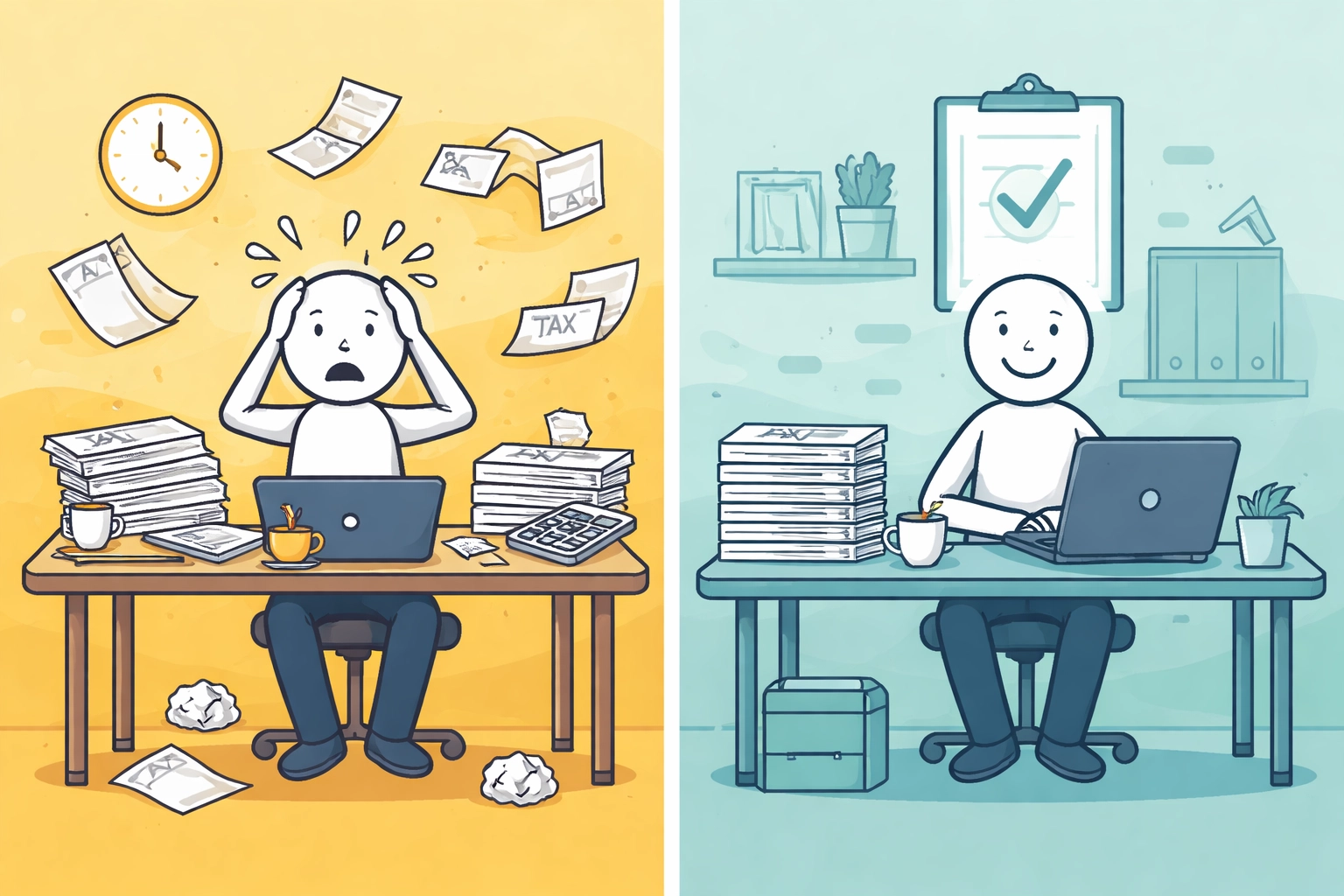 Split-screen illustration compares chaotic last-minute tax filing to organized year-round planning.