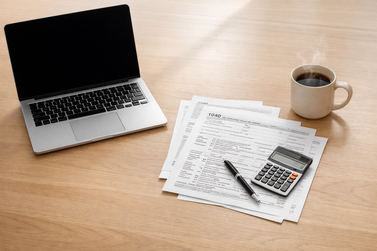 Laptop and tax documents on desk for Alaska military tax filing season