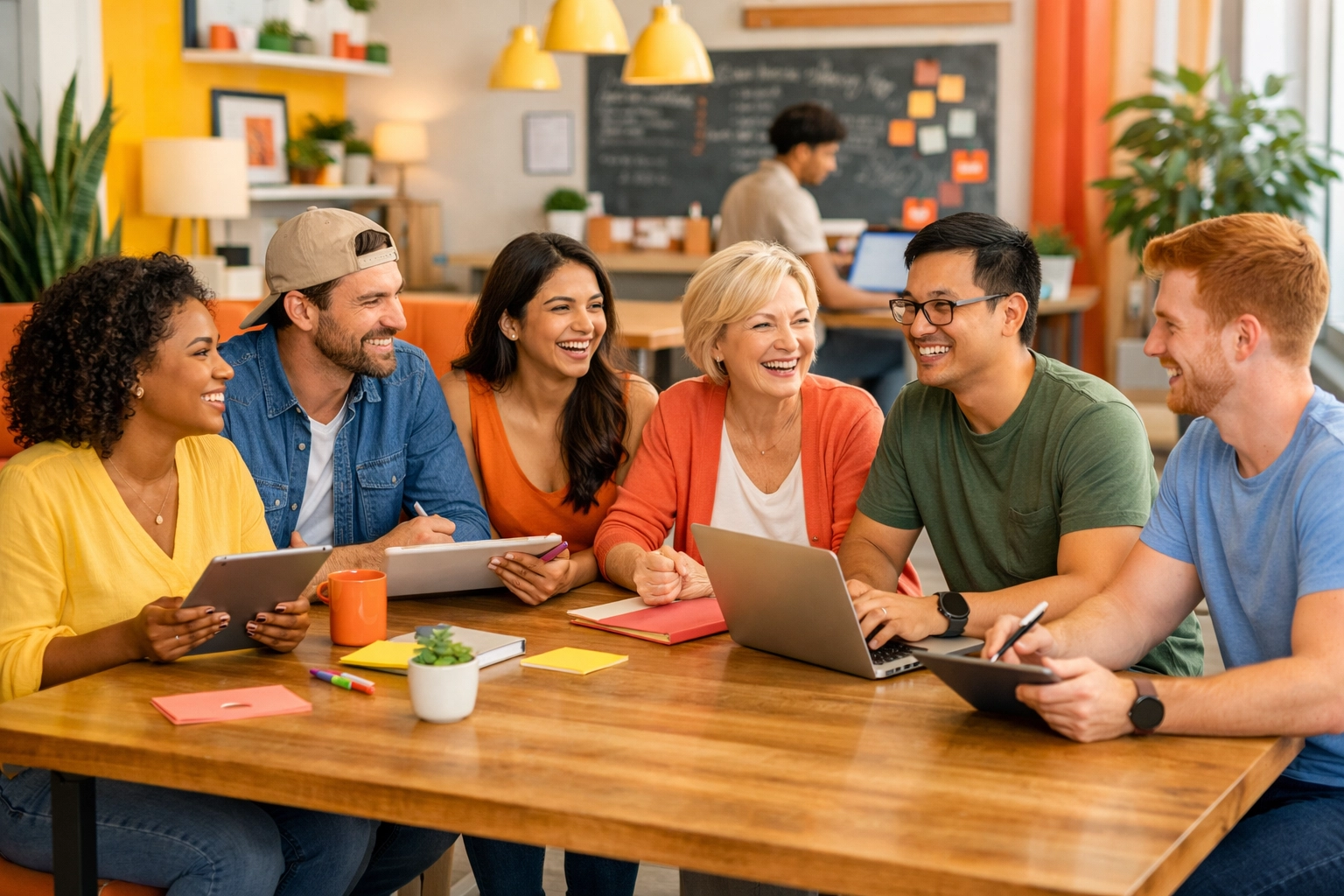 A diverse group of entrepreneurs collaborating and sharing reselling tips in a vibrant community space.