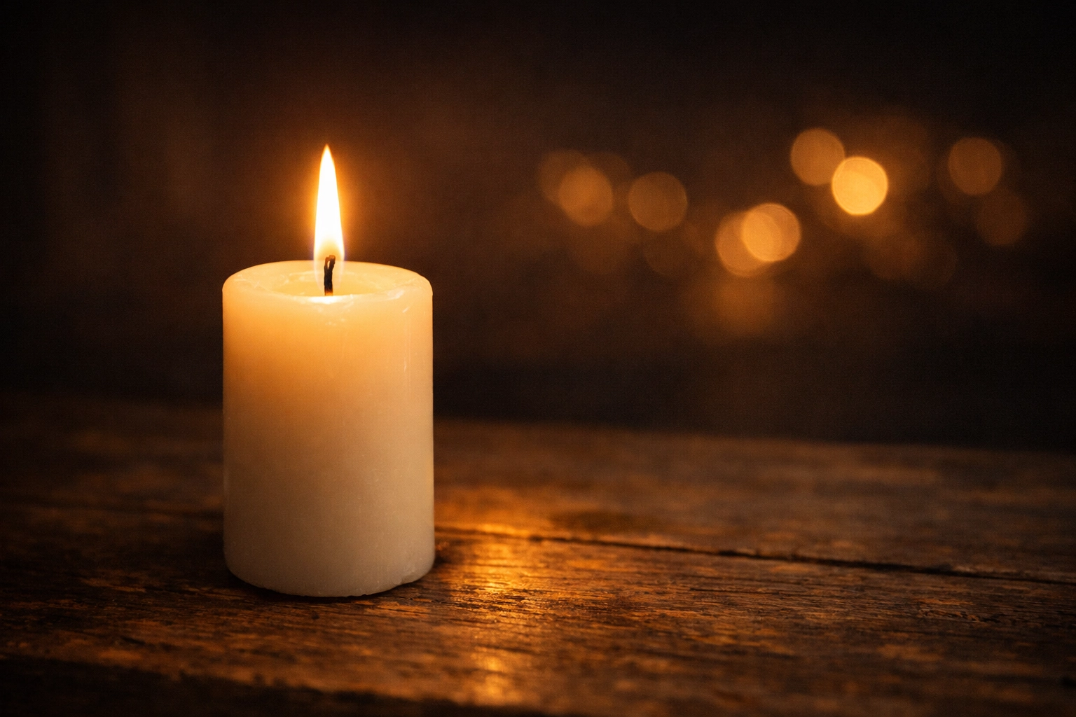 A single candle burning in a dark room representing a call to prayer for peace and hope during the storm.