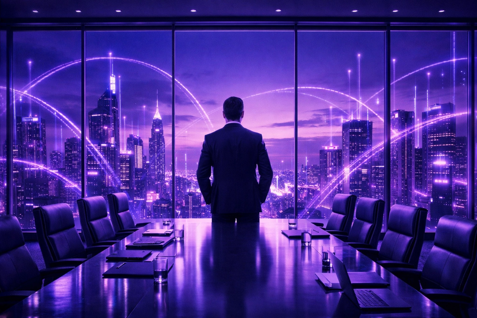 Business leader overlooking a city with purple data trails, representing global AI business automation and efficiency.