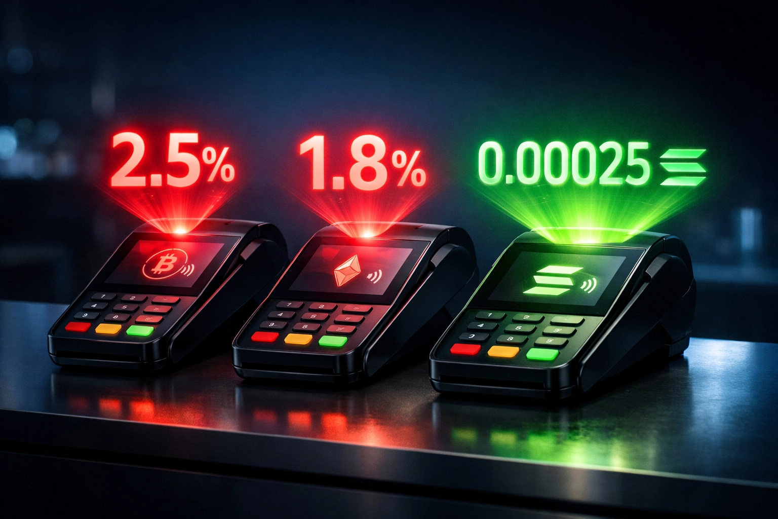 Crypto POS terminal fee comparison showing NOWPayments and CoinPayments percentage fees vs Larecoin gas-only model