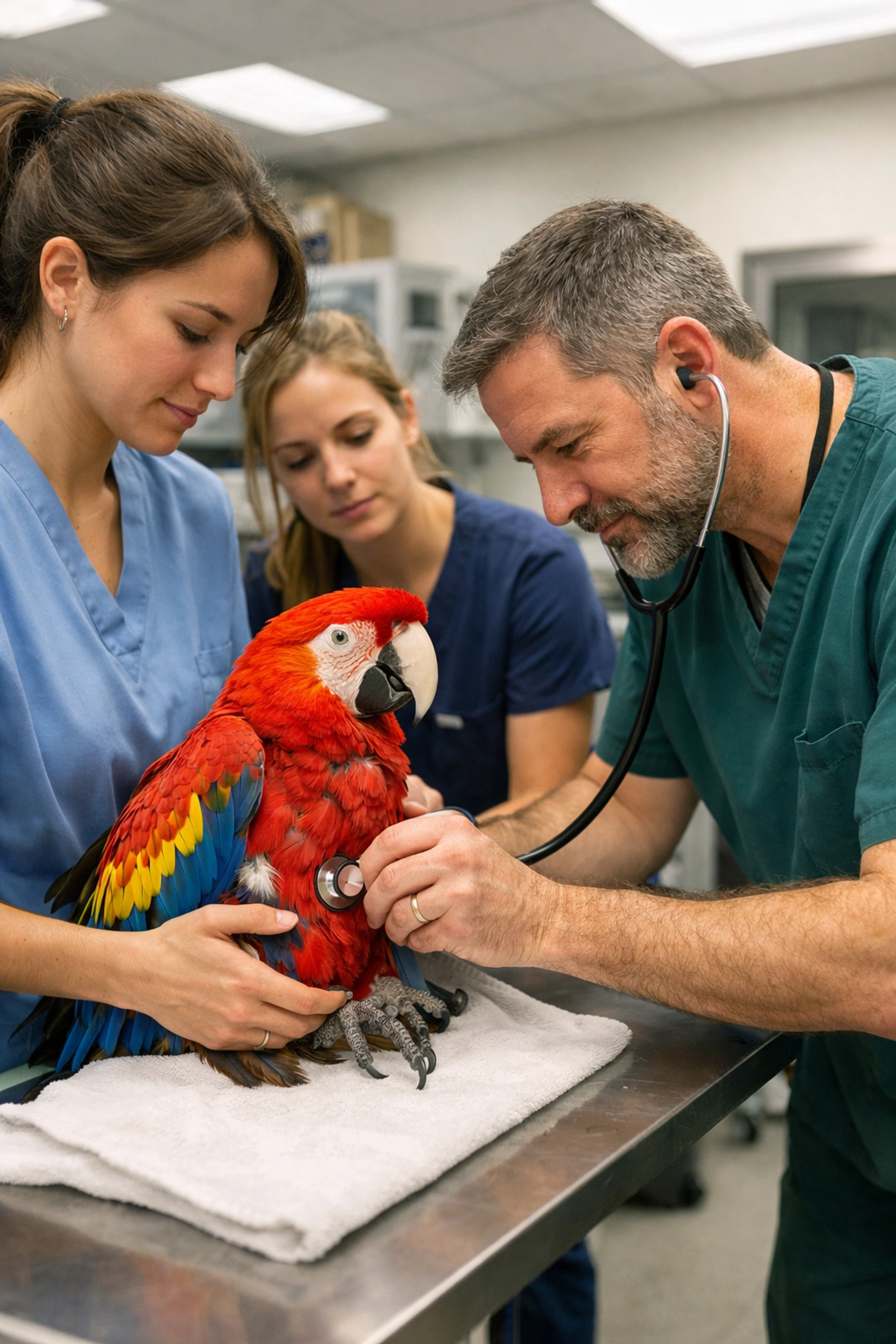 Veterinary team conducting a health check on a tropical bird, showcasing high animal welfare standards at a zoo.