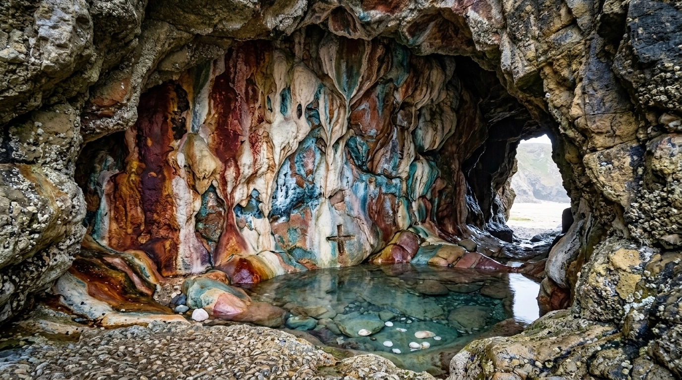 A close-up of the entrance to St Cuthbert's Well cave in Holywell Bay, Cornwall, showing the colorful mineral deposits in shades of red, white, and blue on the cave walls.