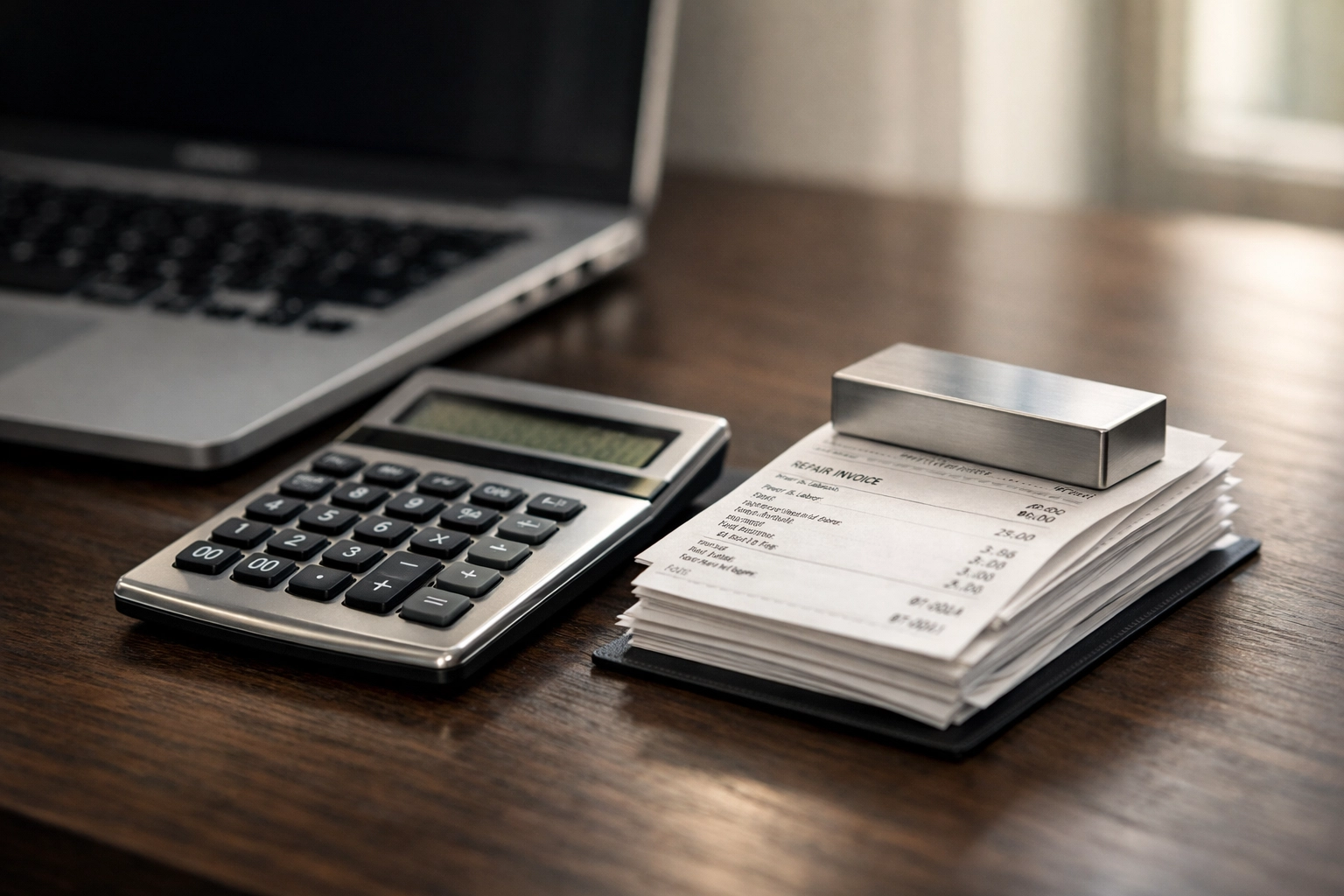 Organized mobile technician workspace with business receipts and calculator for tax preparation.