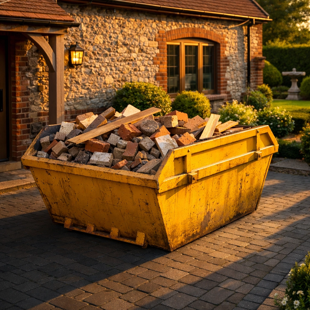 A yellow builders' skip on a clean driveway for house renovation waste in West Sussex.