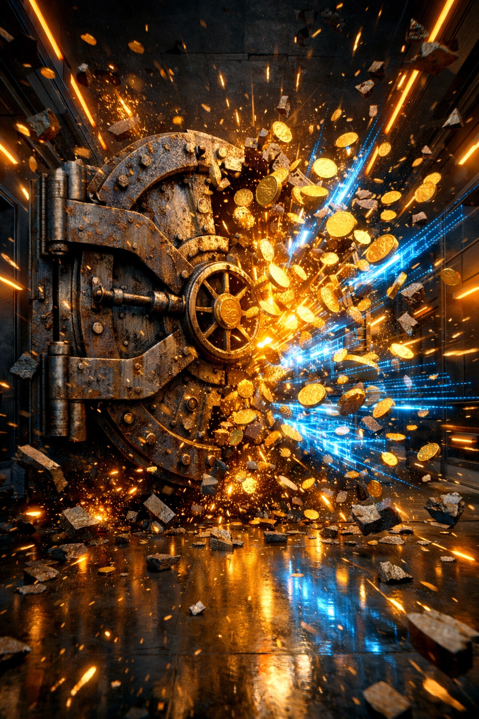 Legacy bank vault shattering into digital currency to show Larecoin.ai low-fee crypto payments.