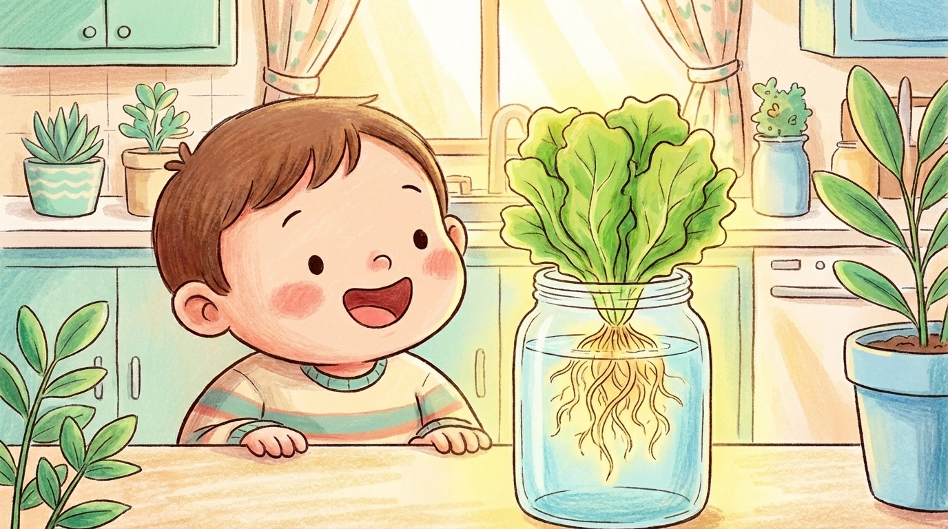 Cartoon child admiring a hydroponic lettuce plant in a sunny kitchen windowsill, roots visible in water