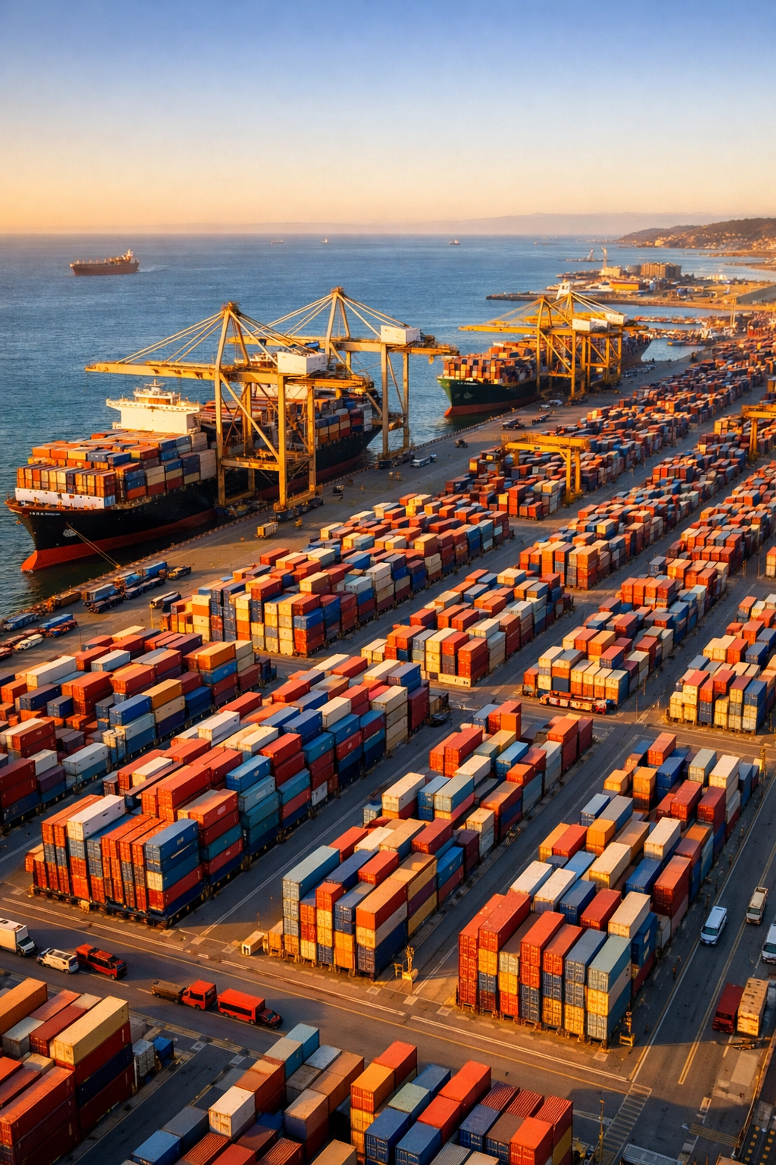 UK container port with cargo ships and stacked containers for sea freight operations