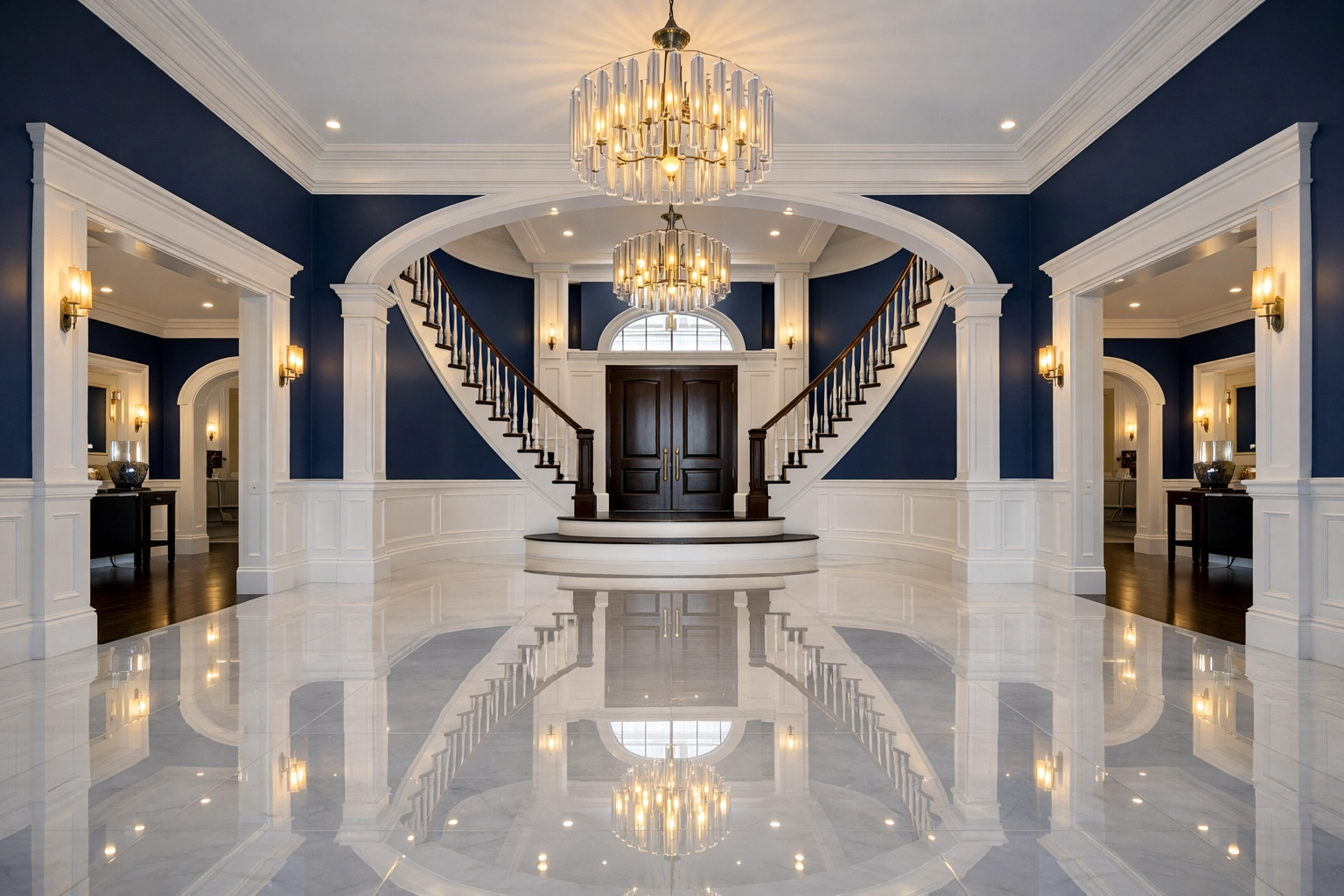 Grand foyer with polished floors highlighting the precision of residential cleaning Massachusetts ninjas.