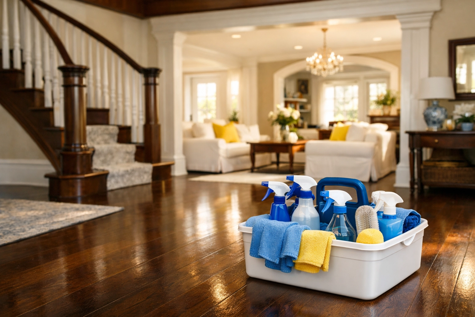 A professional cleaning caddy in a grand Wellesley foyer, showcasing reliable residential cleaning services.