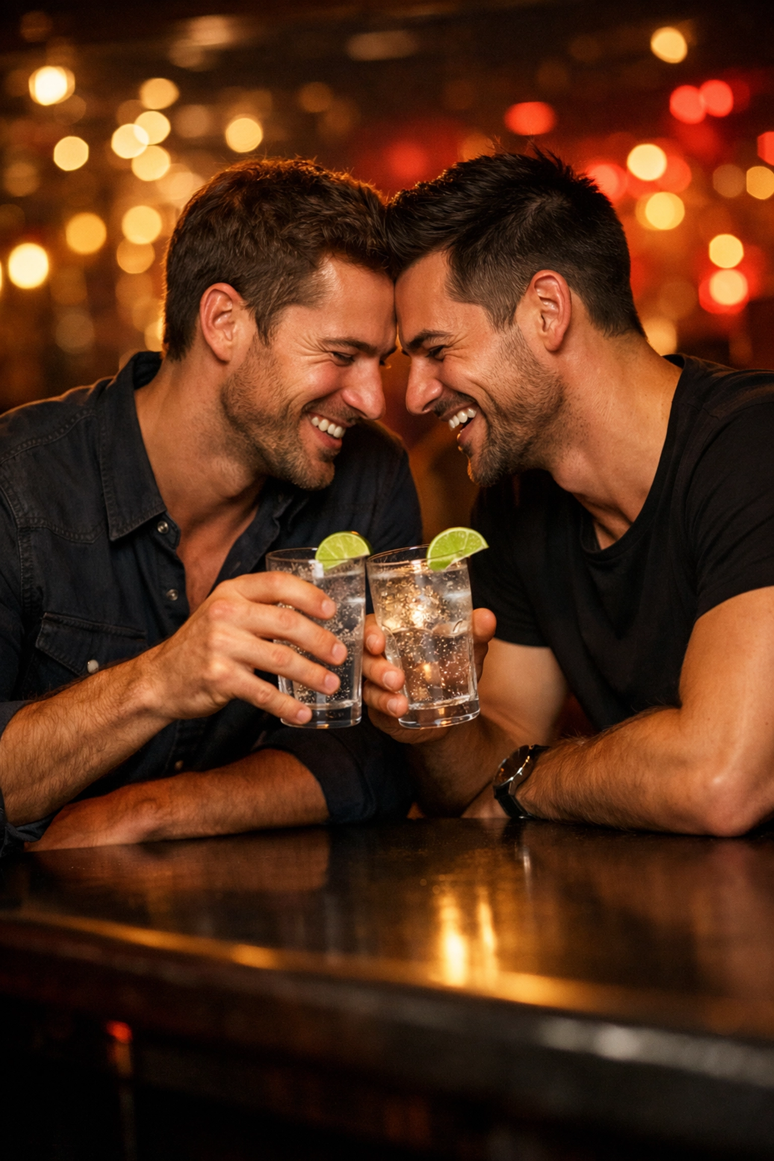 Two men share a laugh and drink water at a club bar, staying sober and focused on their bond during a night out.