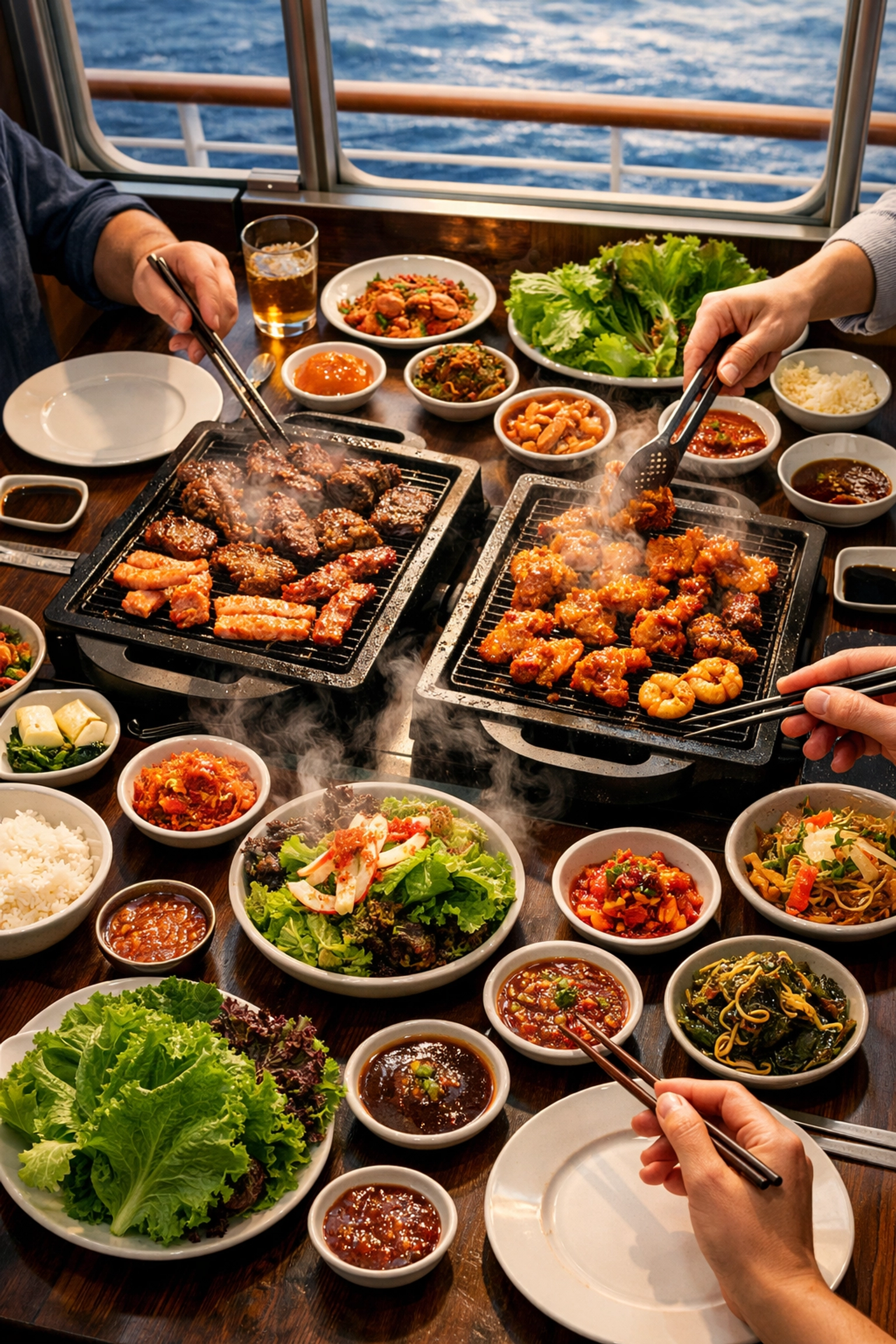 Communal Korean BBQ dining experience on Virgin Voyages for solo travelers