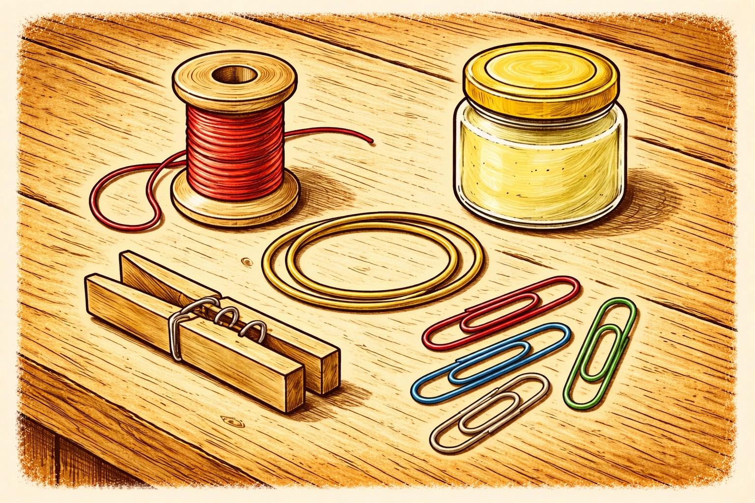 All materials needed to make a spool and stick tractor, including a thread spool, rubber band, clothespin, paper clips, and petroleum jelly, displayed on a farmhouse table