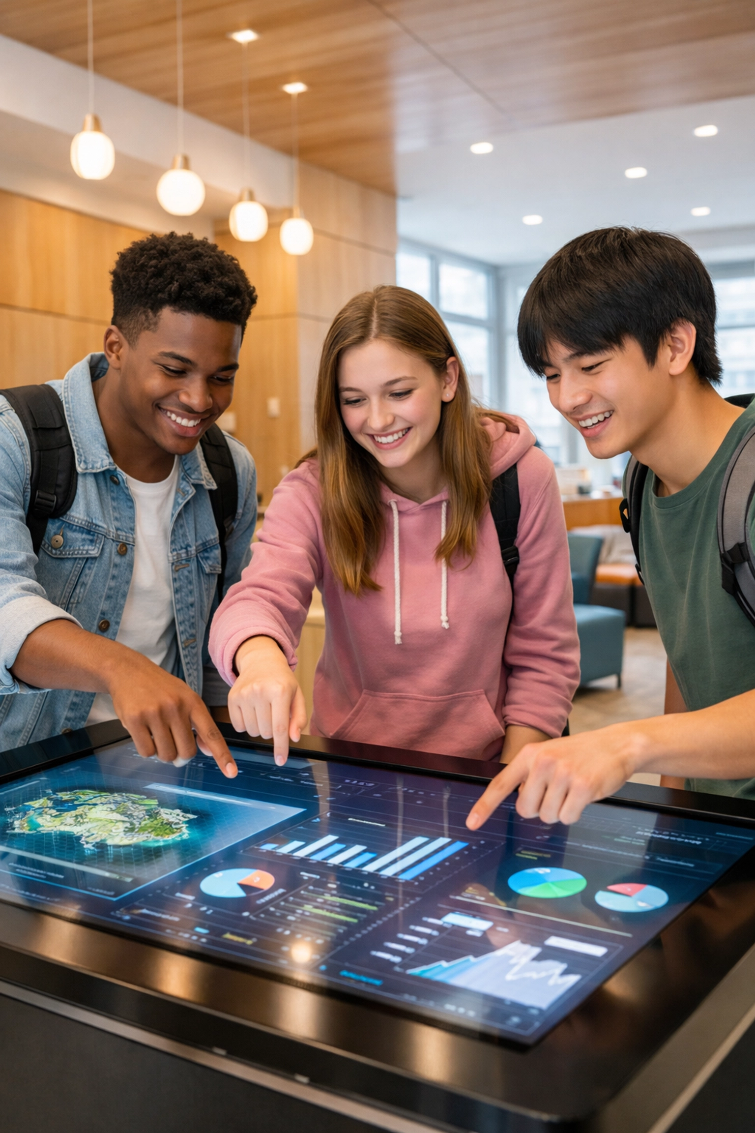 Students collaborating on interactive digital media, showcasing Dakdan Worldwide education through simulation.