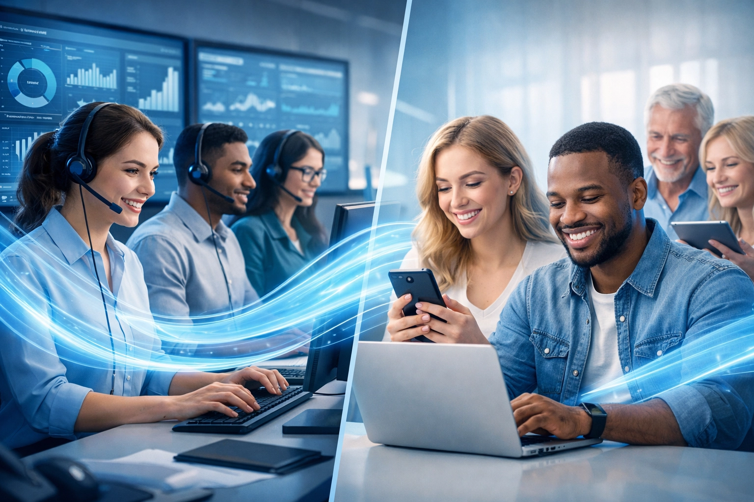 Cloud contact center team providing omnichannel customer service across multiple devices