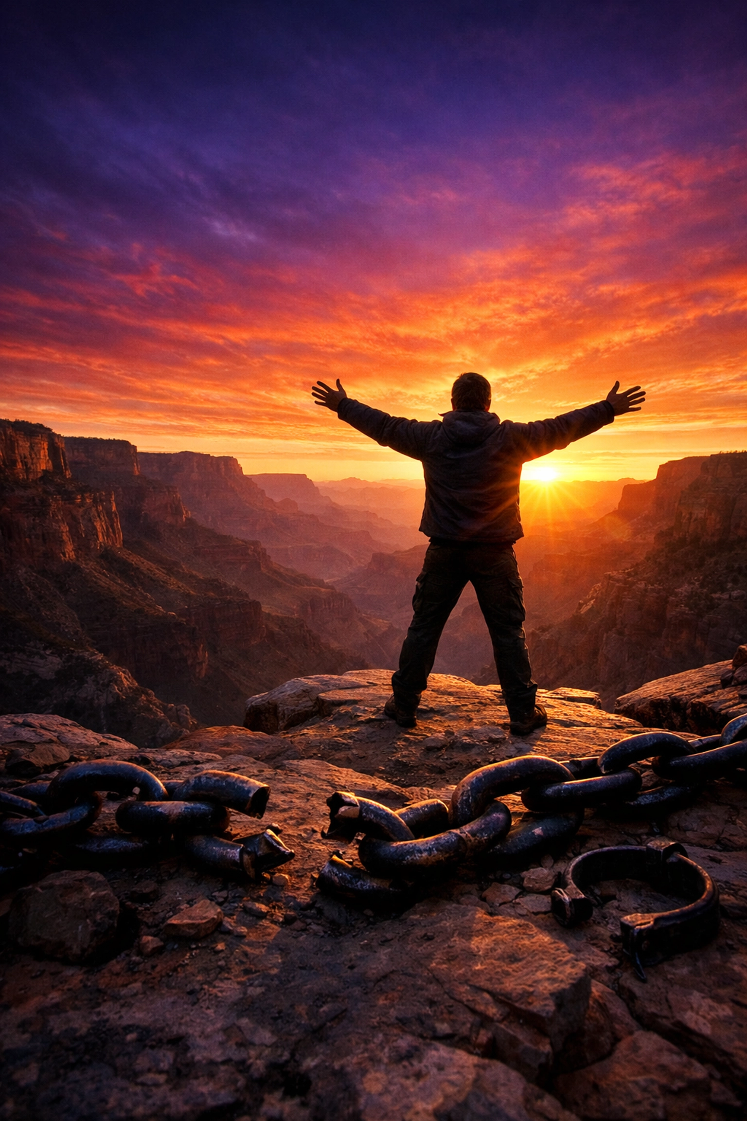 A person celebrating financial freedom at sunrise with broken chains symbolizing the end of debt.