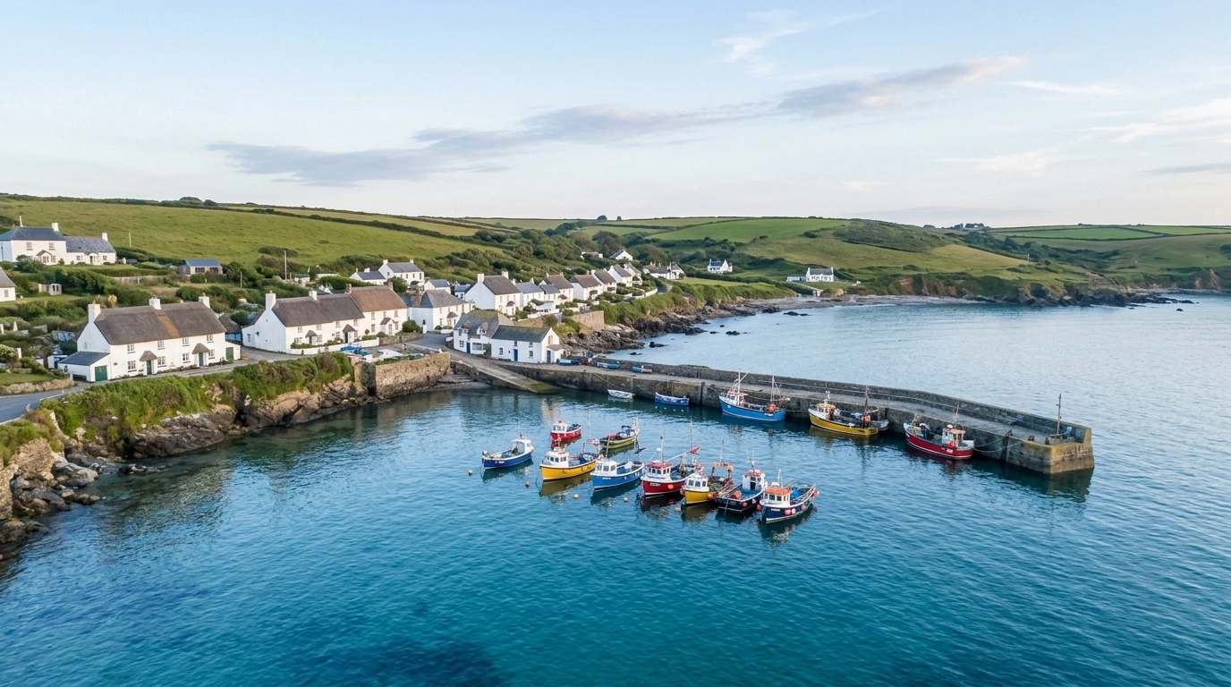 A serene aerial view of Coverack harbour and its white-washed thatched cottages in Cornwall
