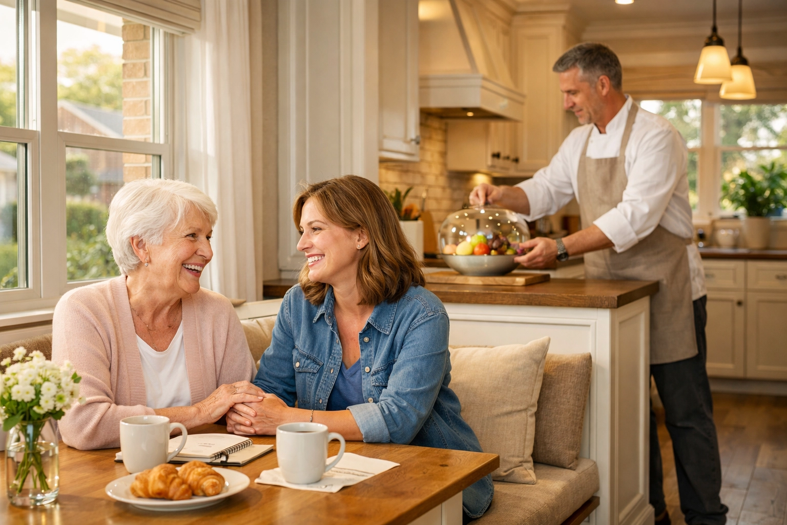 Family enjoying caregiver relief meal prep in a Chicago home while a Culinary Associate manages the culinary care.