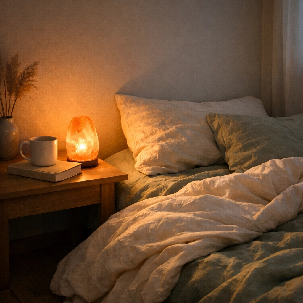 Tranquil minimalist bedroom sanctuary to improve sleep and manage stress for busy women seeking longevity.