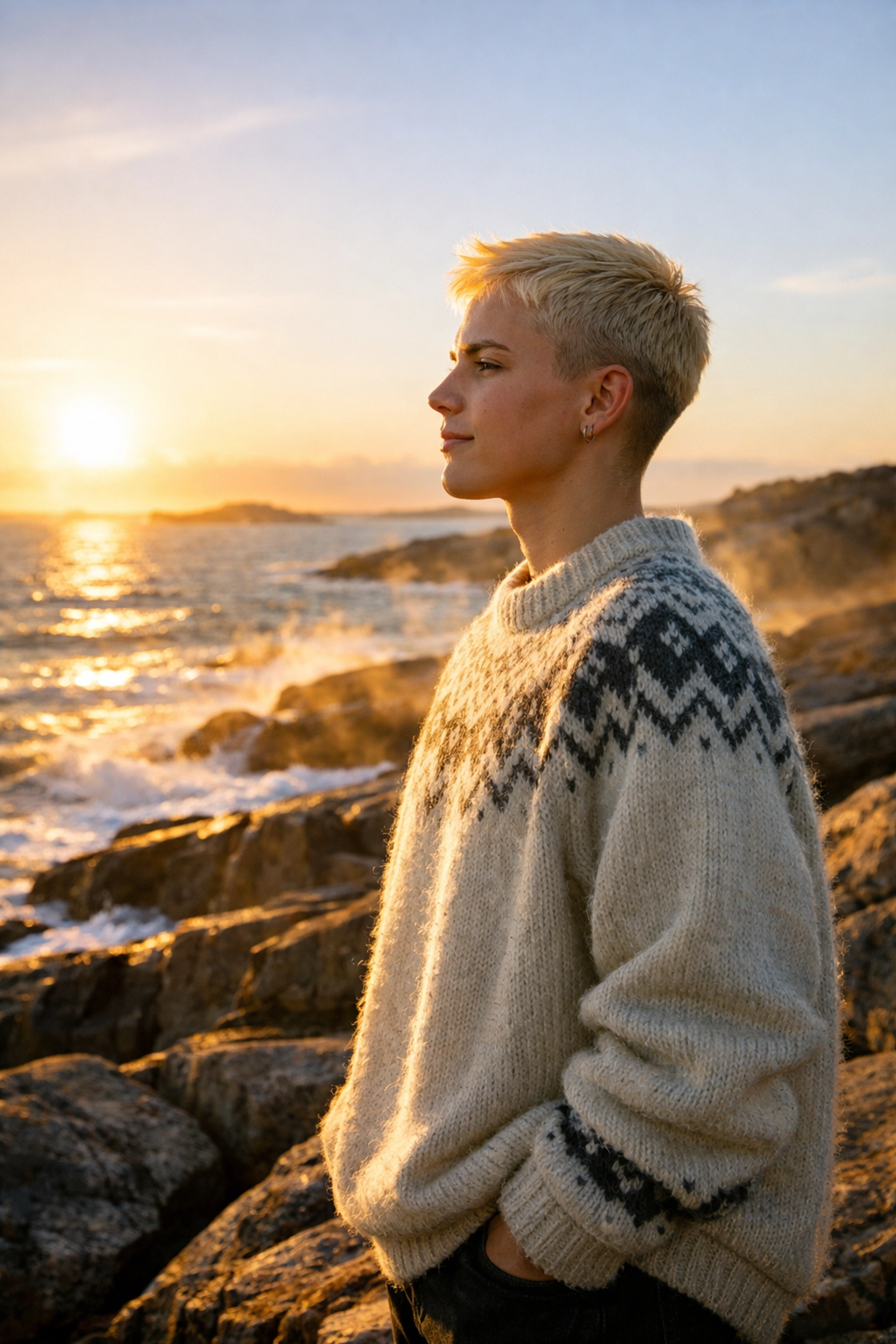 A trans man in a Nordic sweater on a Swedish coast, reflecting self-determination in gay contemporary romance.