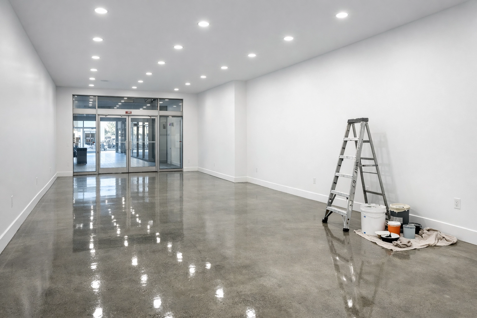 Nearly completed commercial retail space with painted walls and polished floors