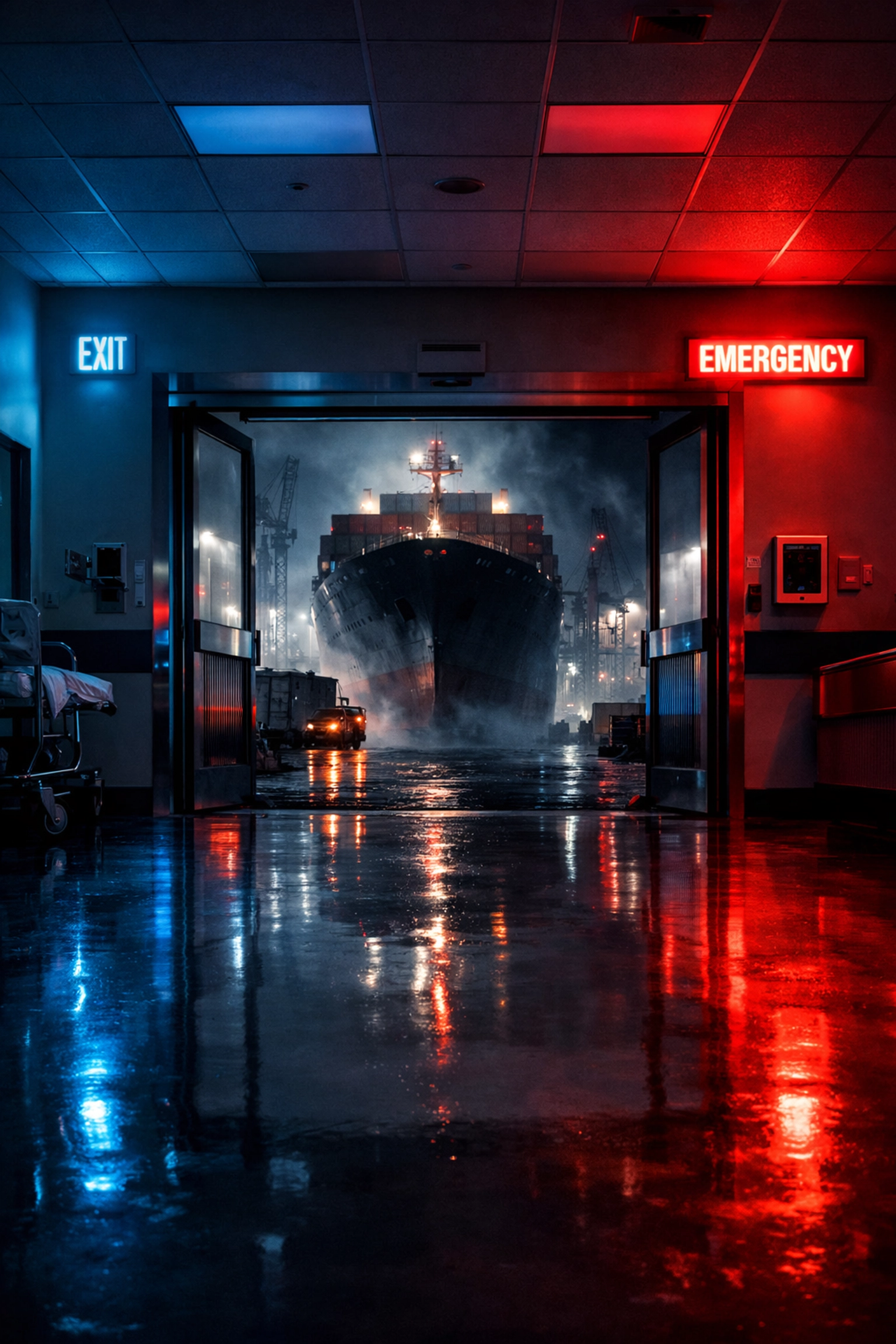 Hospital corridor transitioning to a shipping port, depicting birth registration as commercial cargo in a trust.