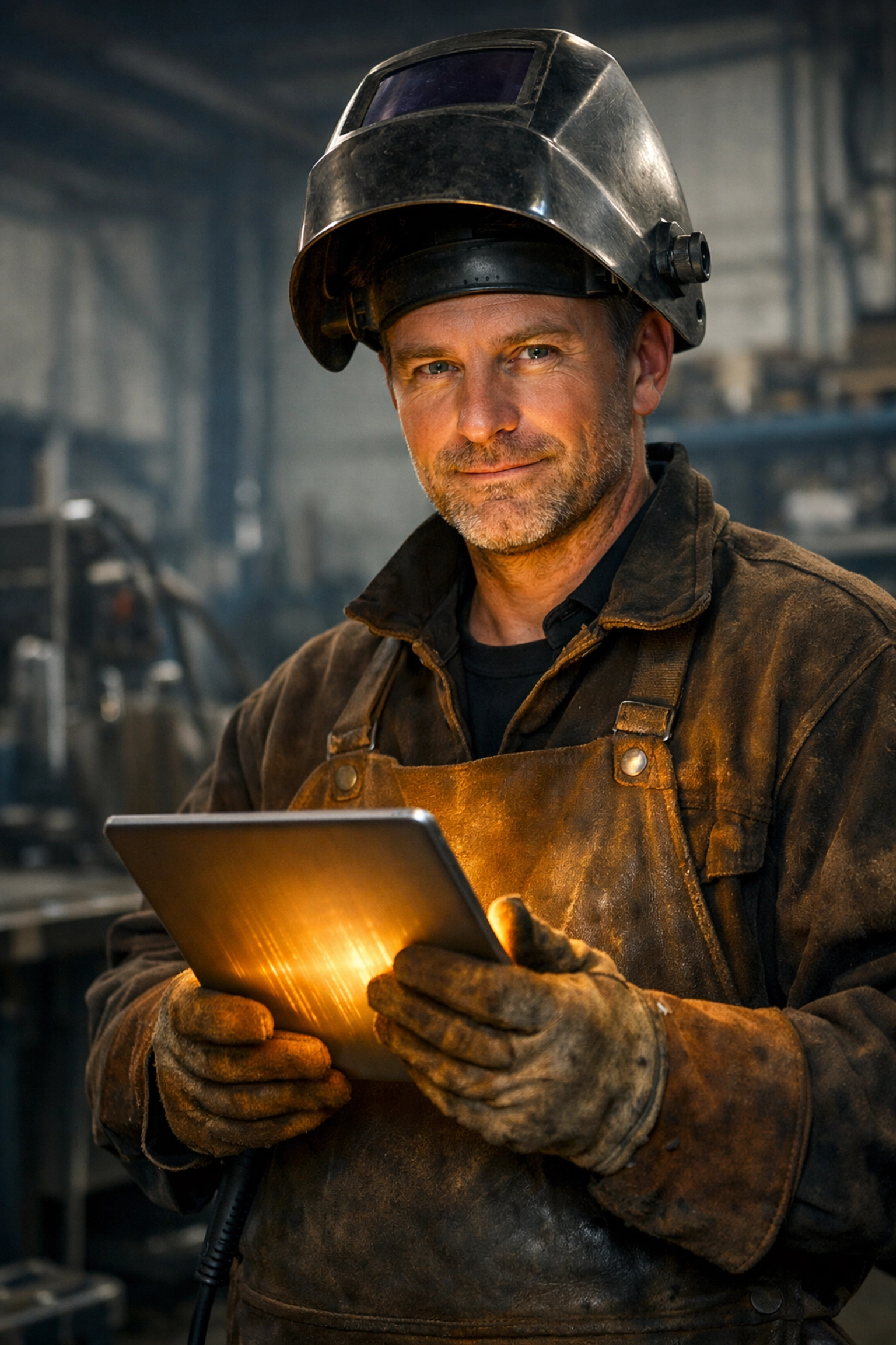 Focused welder in a workshop using a digital tablet to plan a financial fortress and legacy for the future.