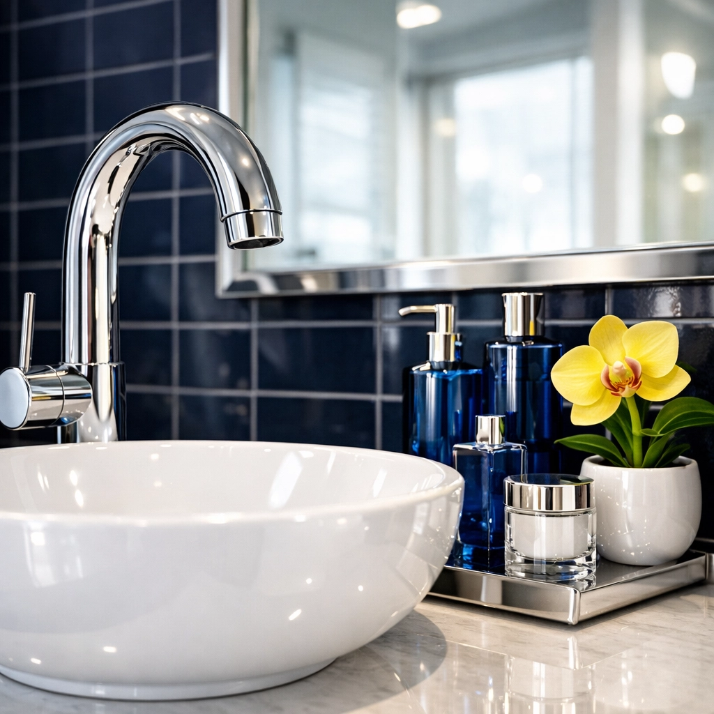 Close-up of a sparkling bathroom vanity showcasing professional cleaning details and sanitized surfaces.