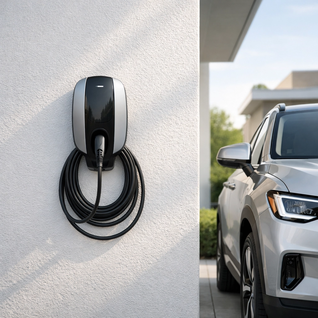 Sleek electric vehicle charging station installed in a Maricopa County home garage.
