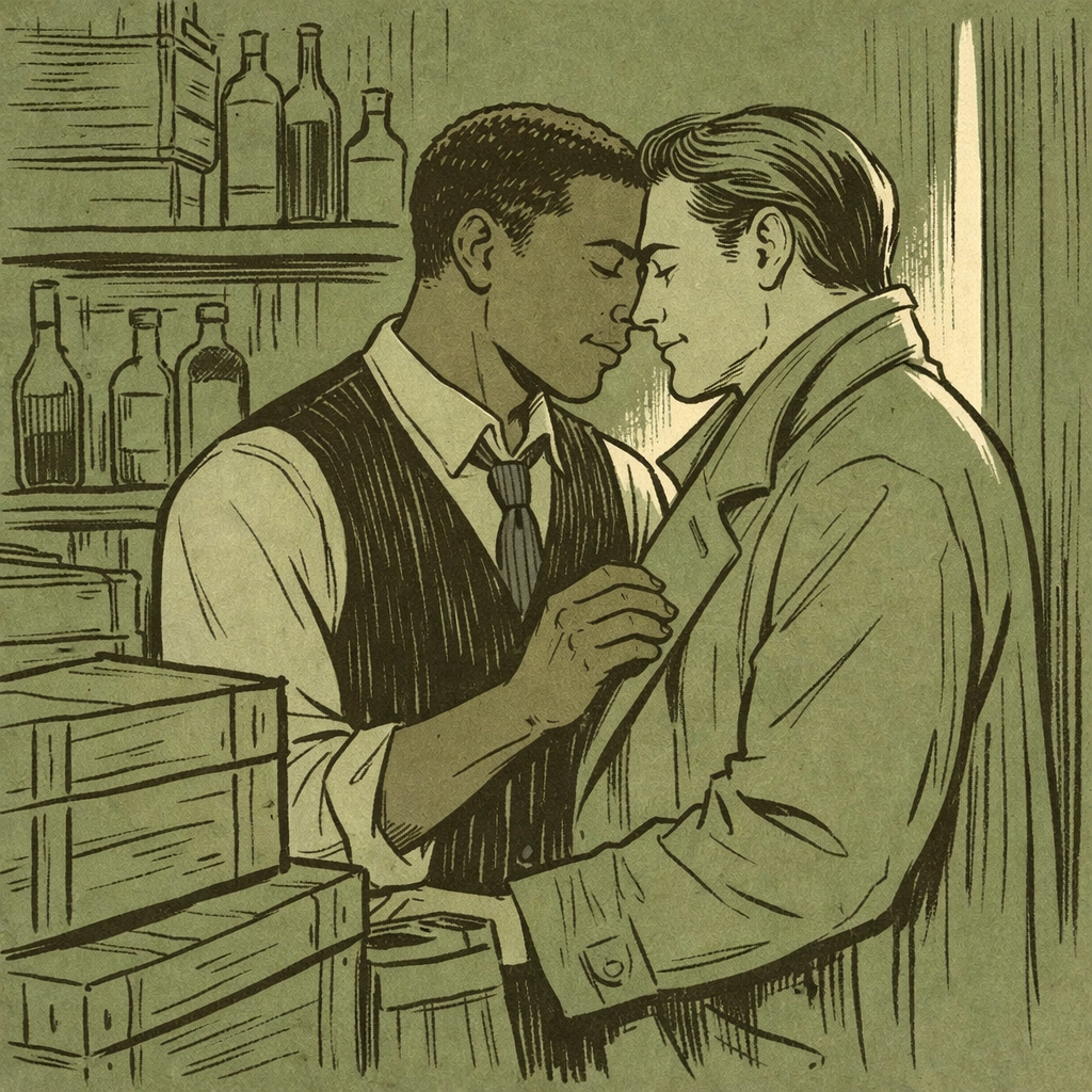 Interracial male couple sharing intimate moment in 1930s Soho jazz club stockroom