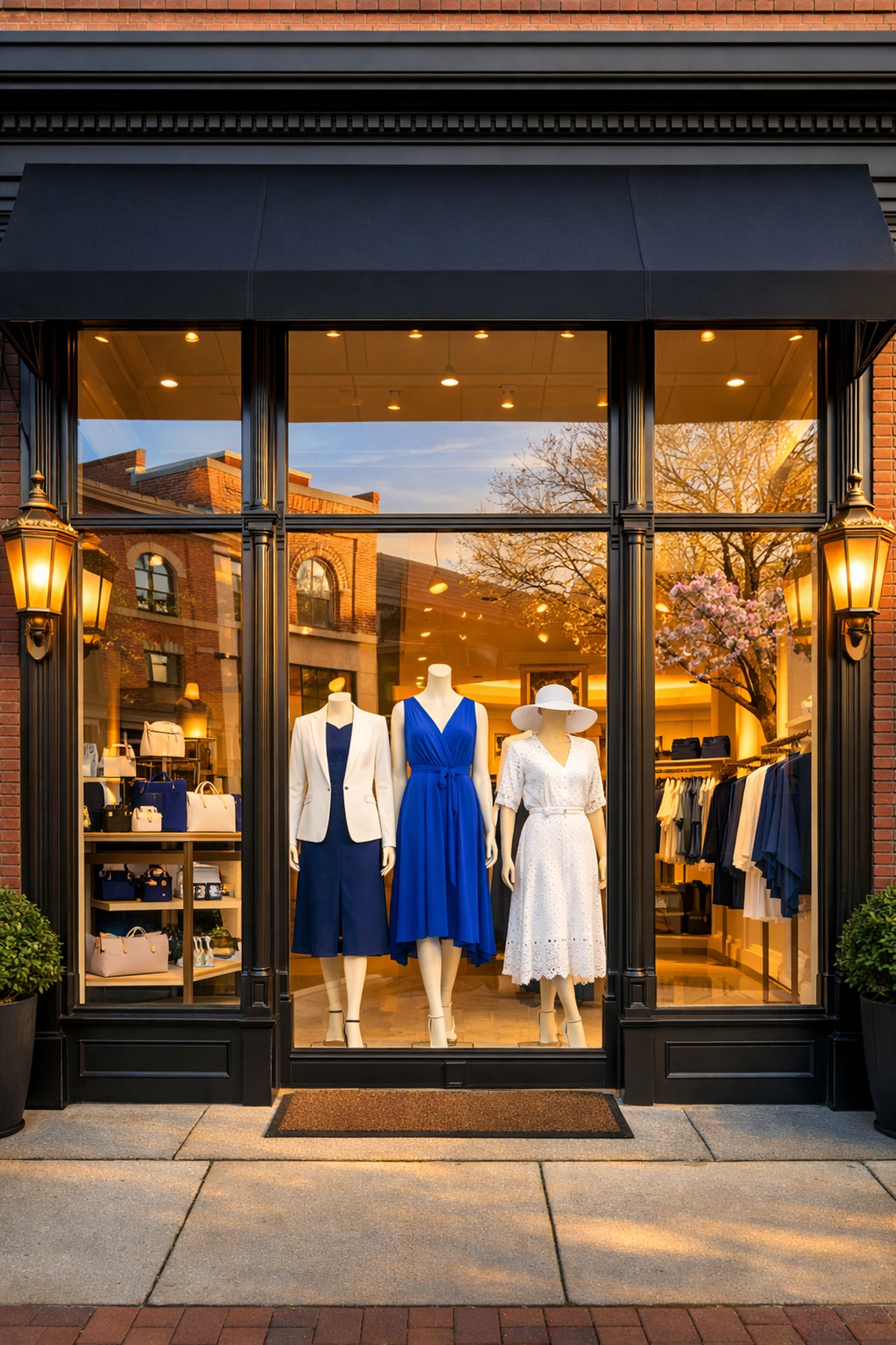Pristine glass storefront of a Brookline retail boutique reflecting clean street architecture.