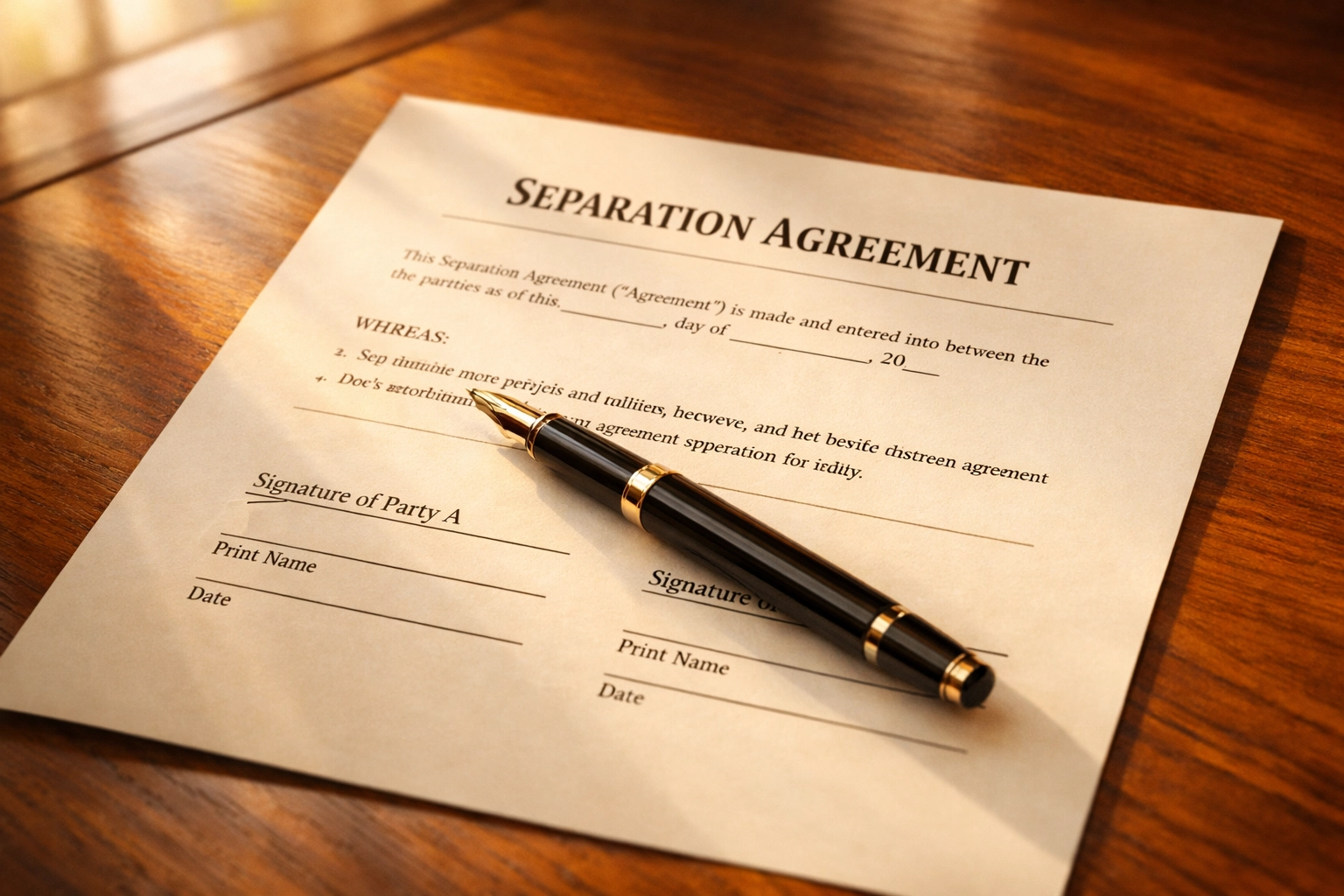Separation agreement document with pen on desk for dating during divorce Virginia protection
