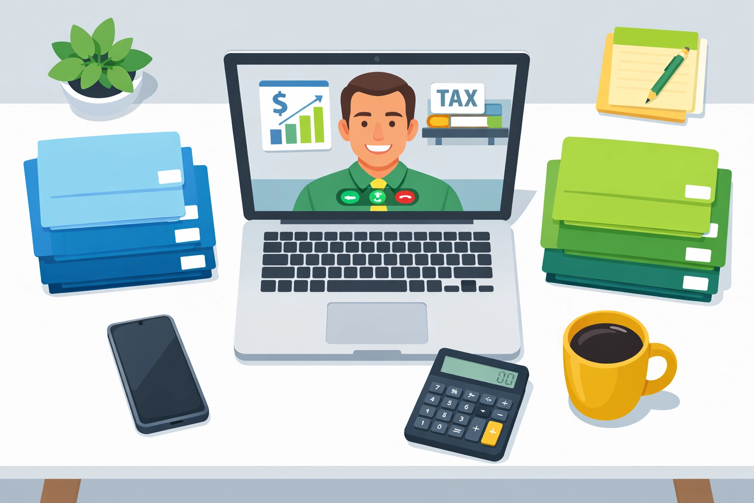 Virtual tax professional consulting with client remotely via video call from home office